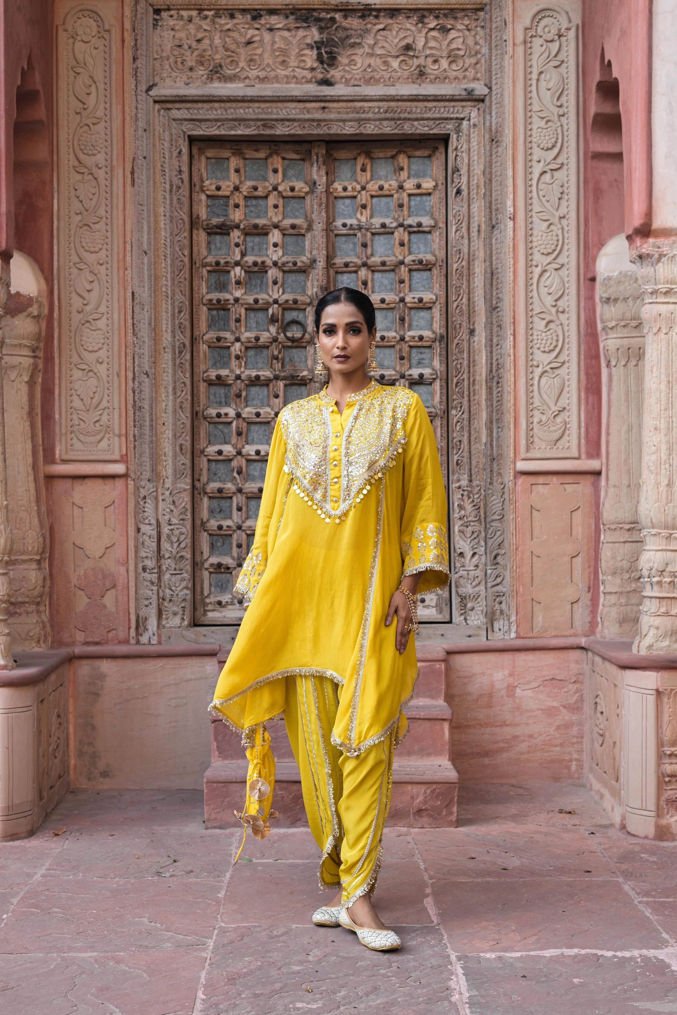 Bright Yellow Embellished Chinon Silk Dhoti Set