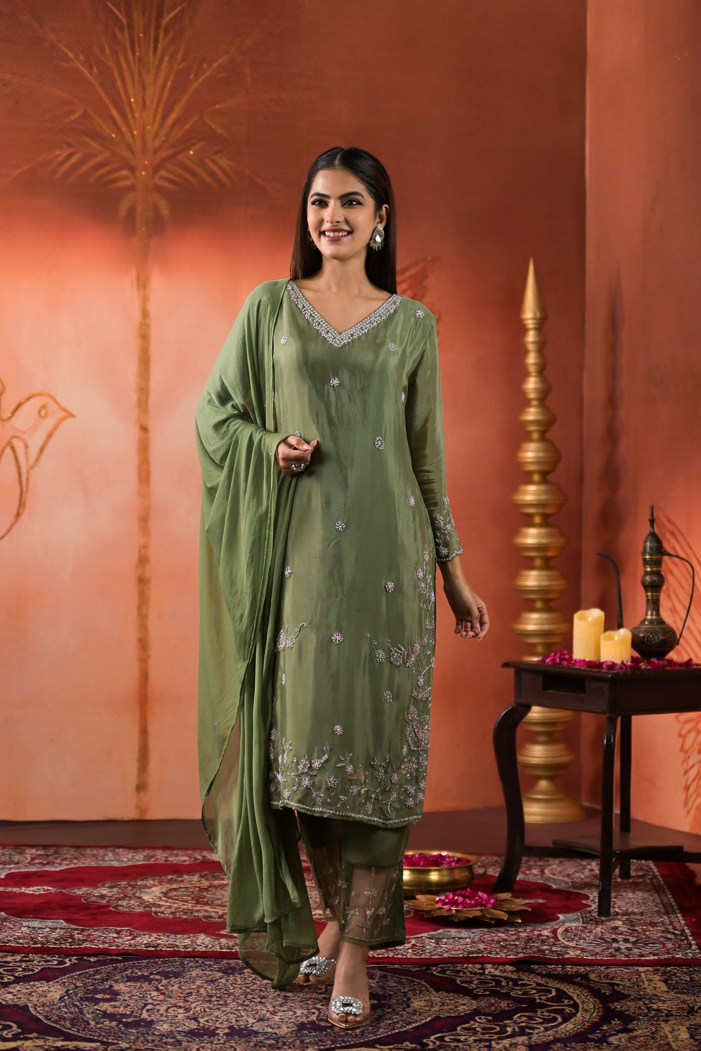 Sage Green Embellished Chinon Silk Pants Set