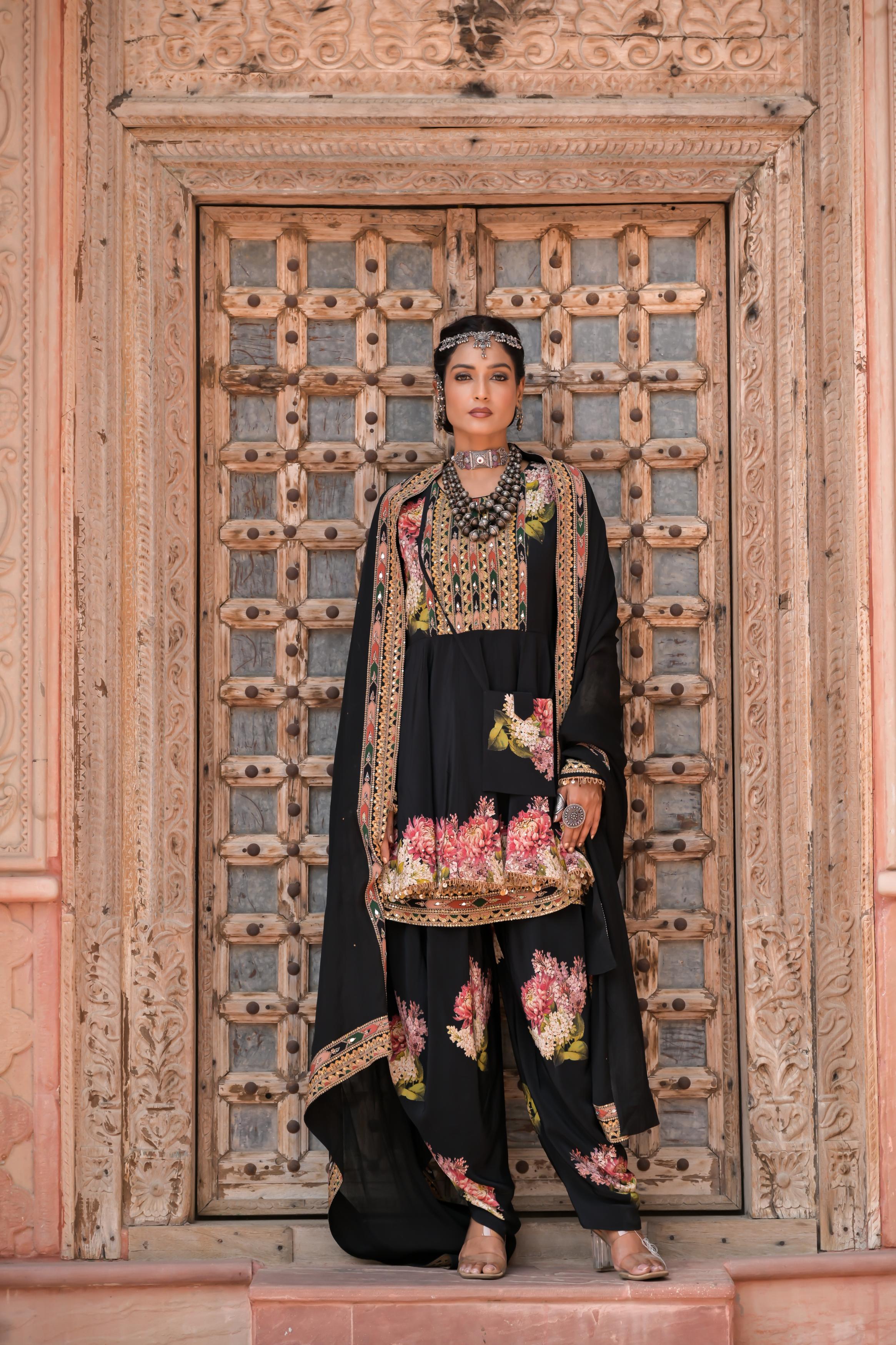 Black Printed Embellished Crepe Silk Dhoti Set