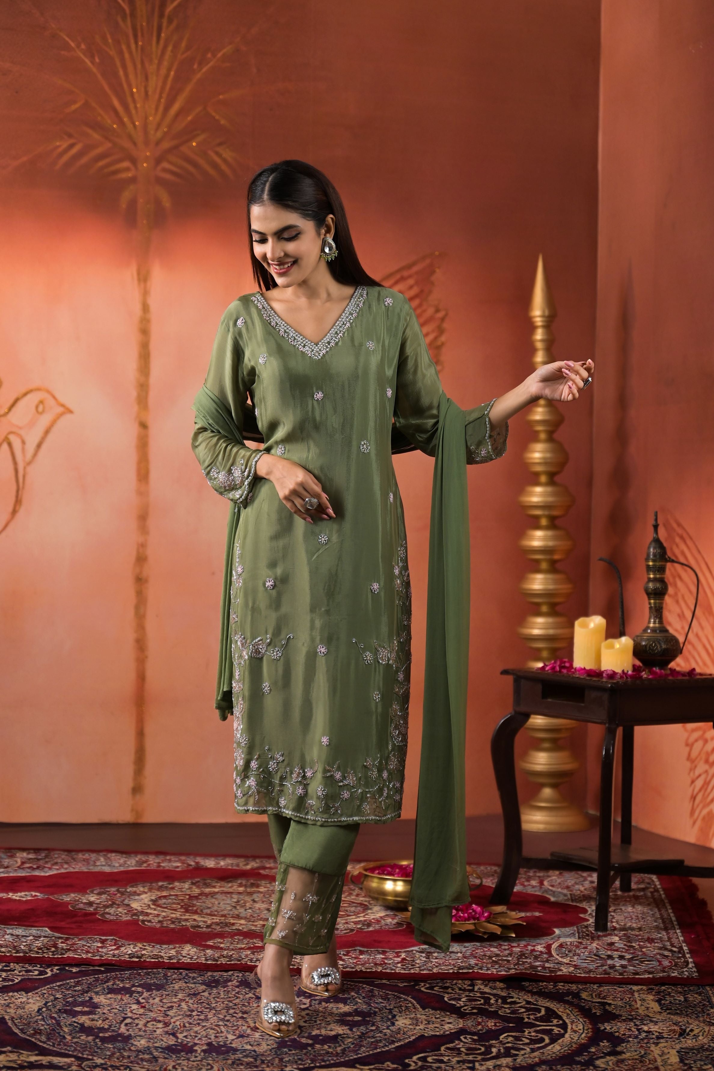 Sage Green Embellished Chinon Silk Pants Set