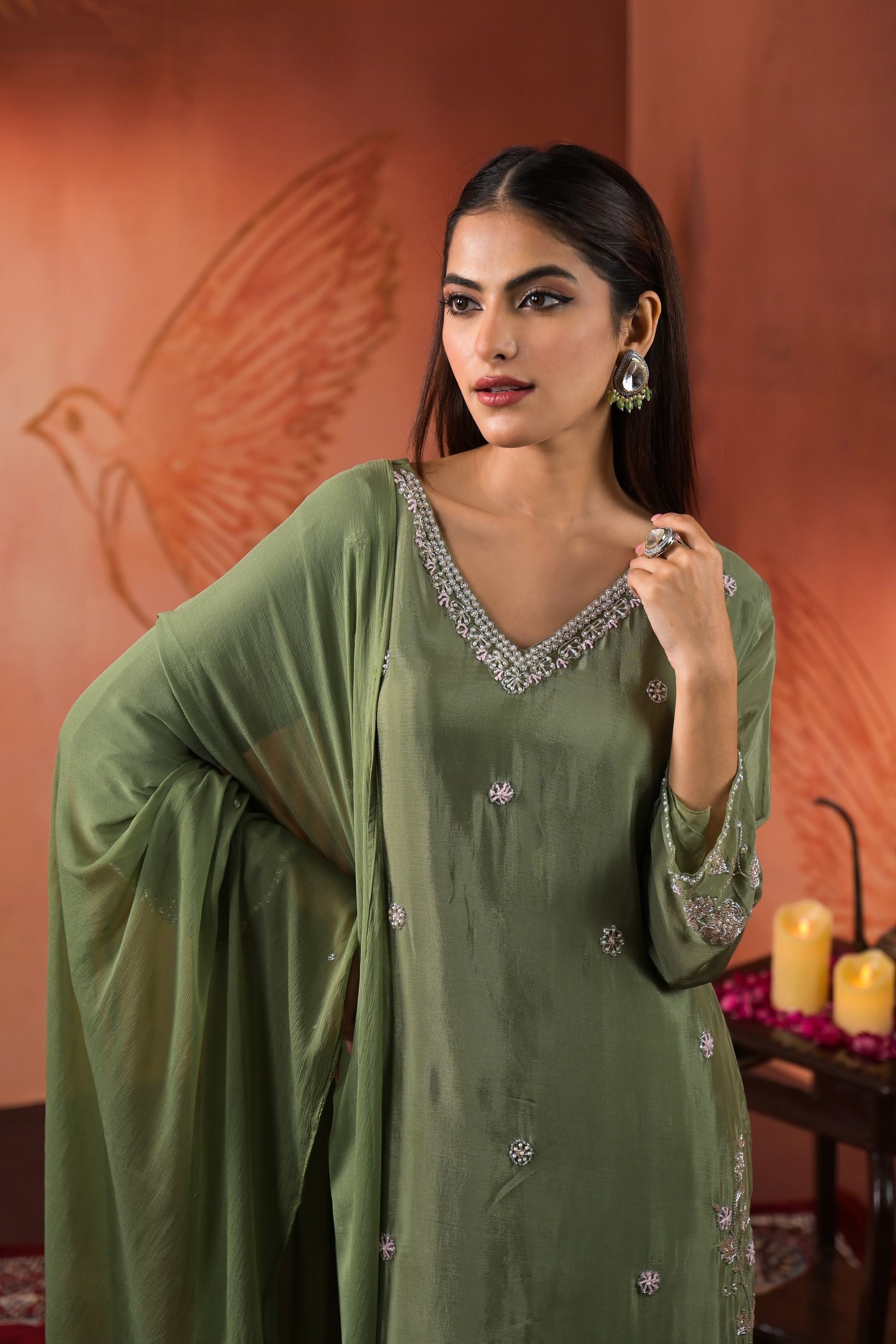 Sage Green Embellished Chinon Silk Pants Set