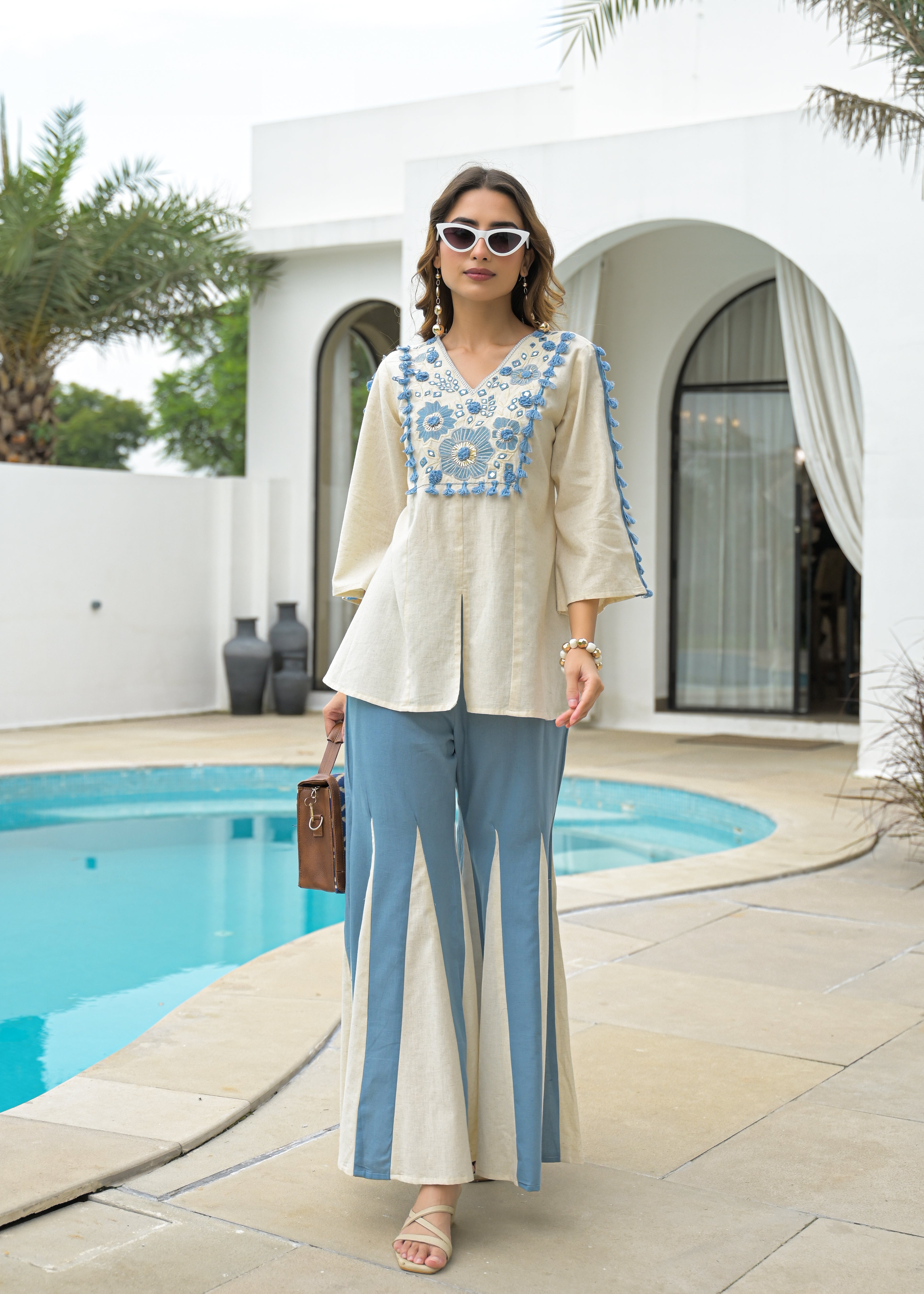 Cream & Blue Cotton Katha Handwork Co-Ord Set