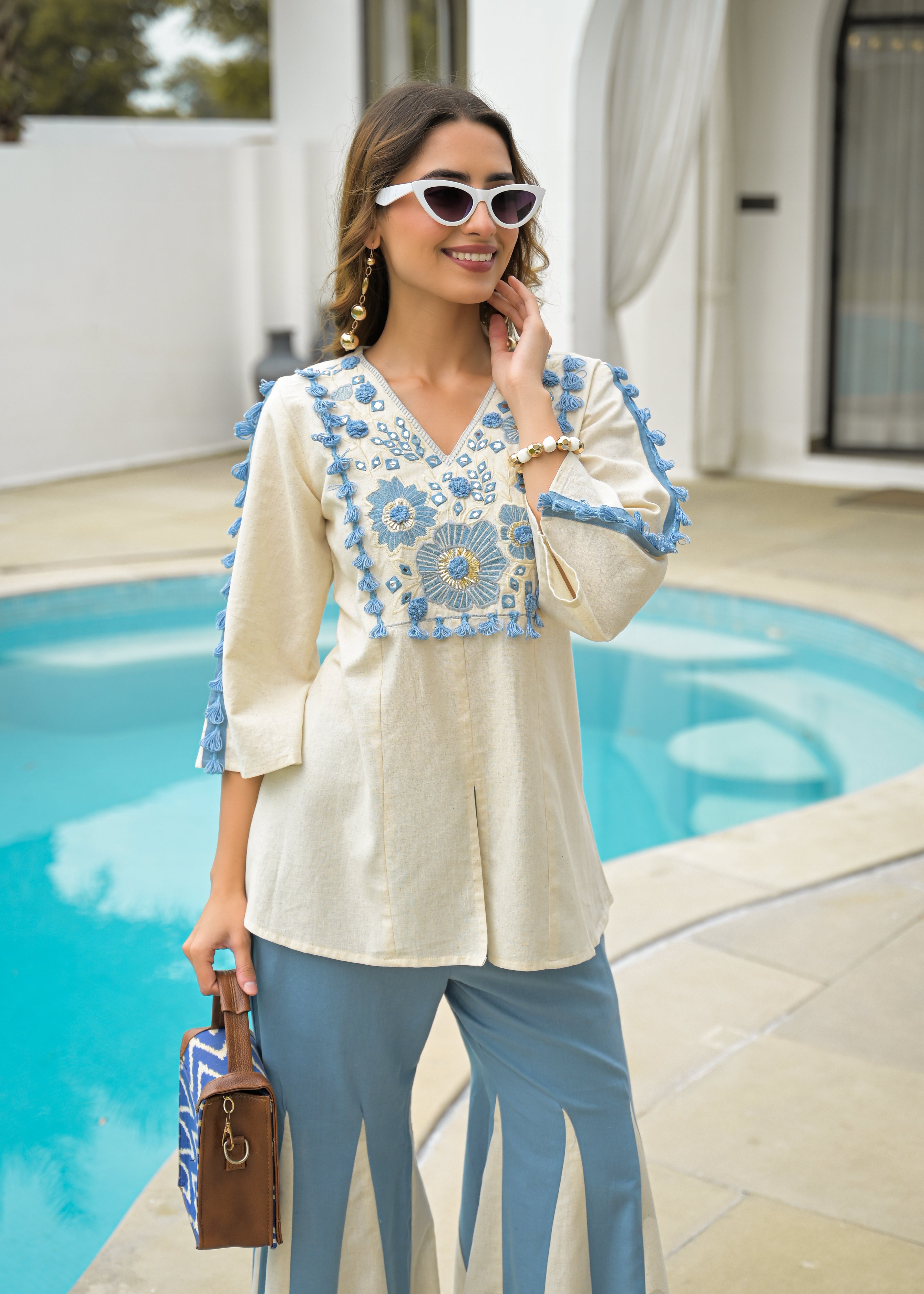 Cream & Blue Cotton Katha Handwork Co-Ord Set