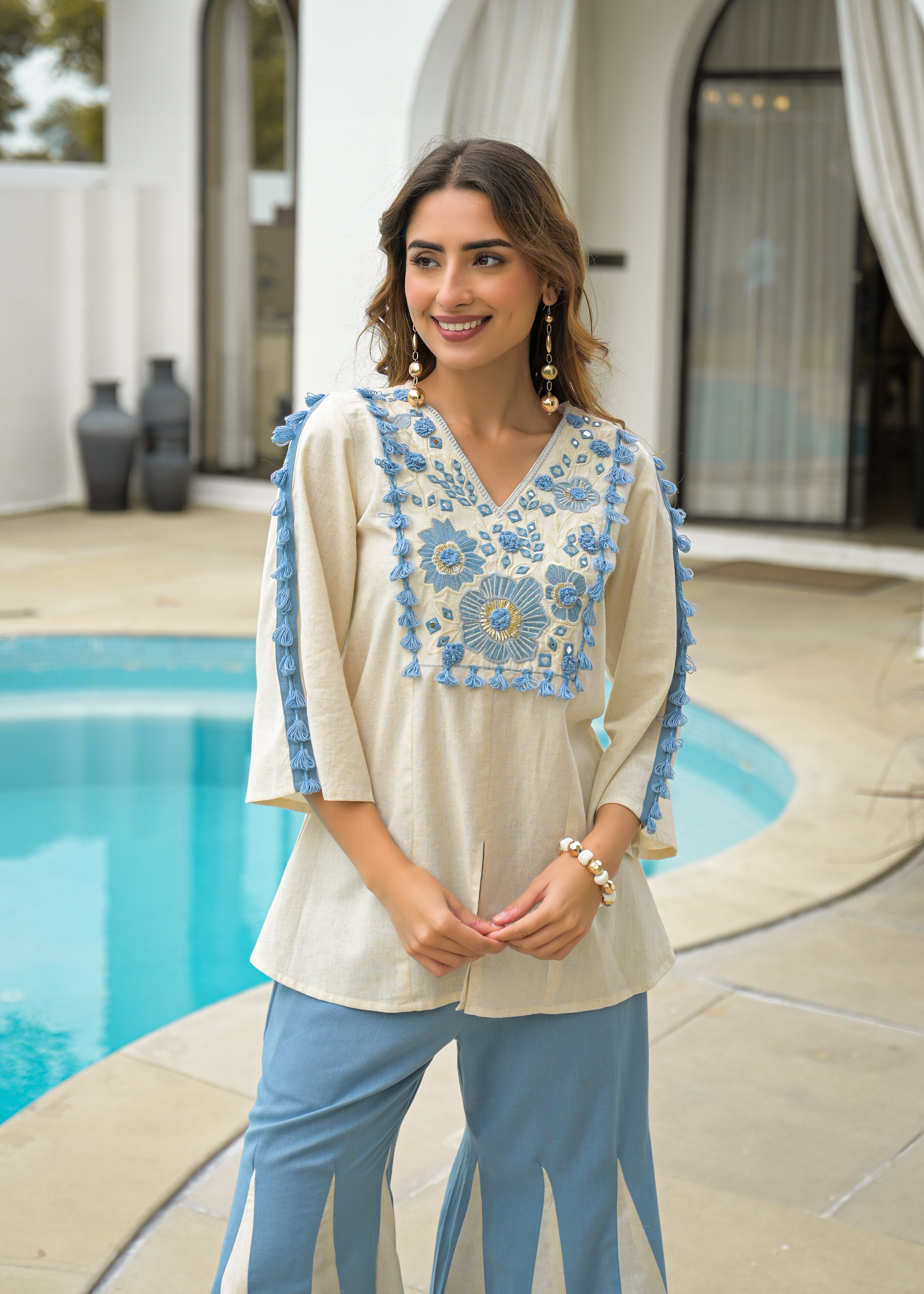 Cream & Blue Cotton Katha Handwork Co-Ord Set