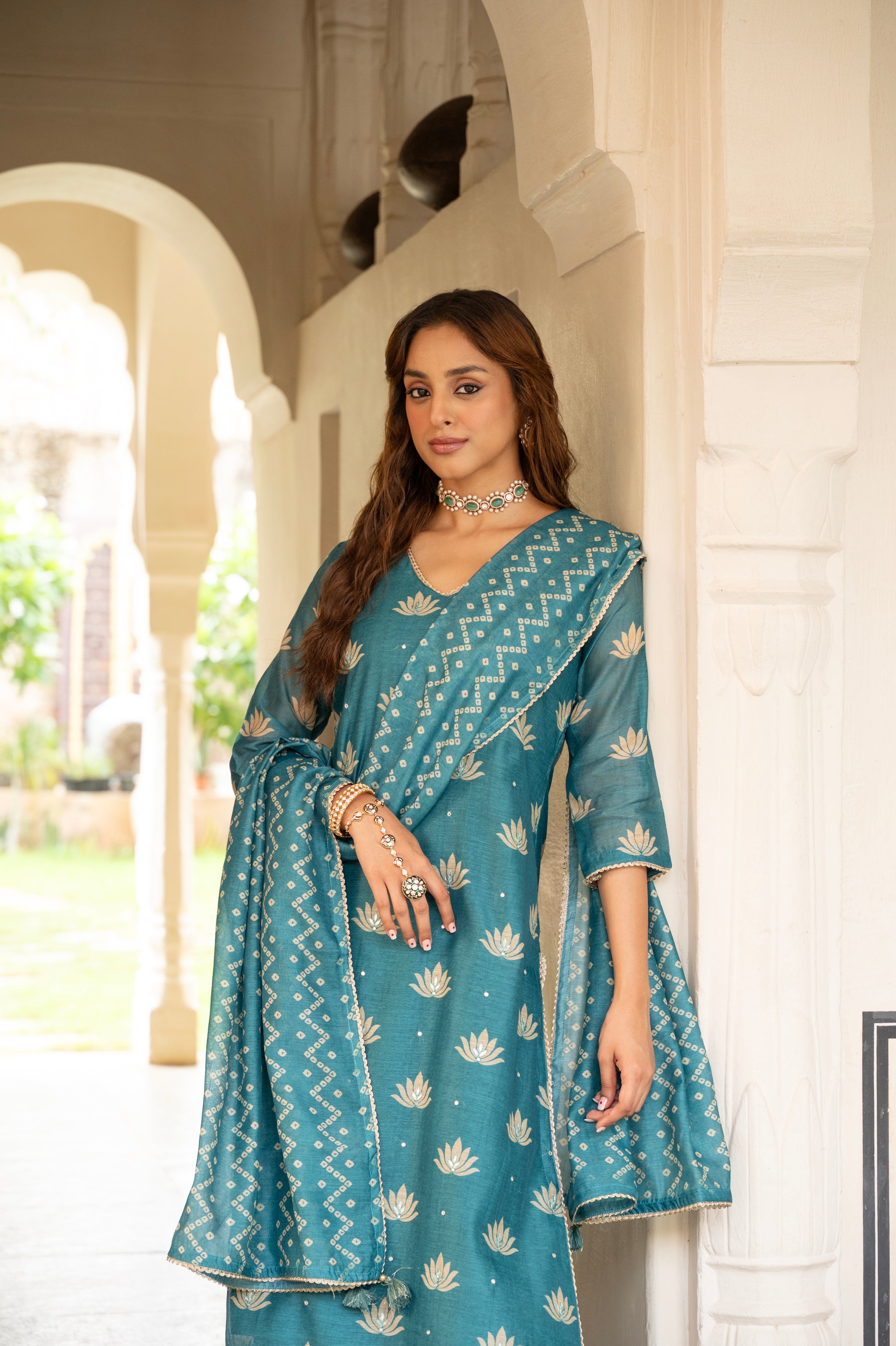 Teal Blue Embellished Chanderi Silk Pant Set