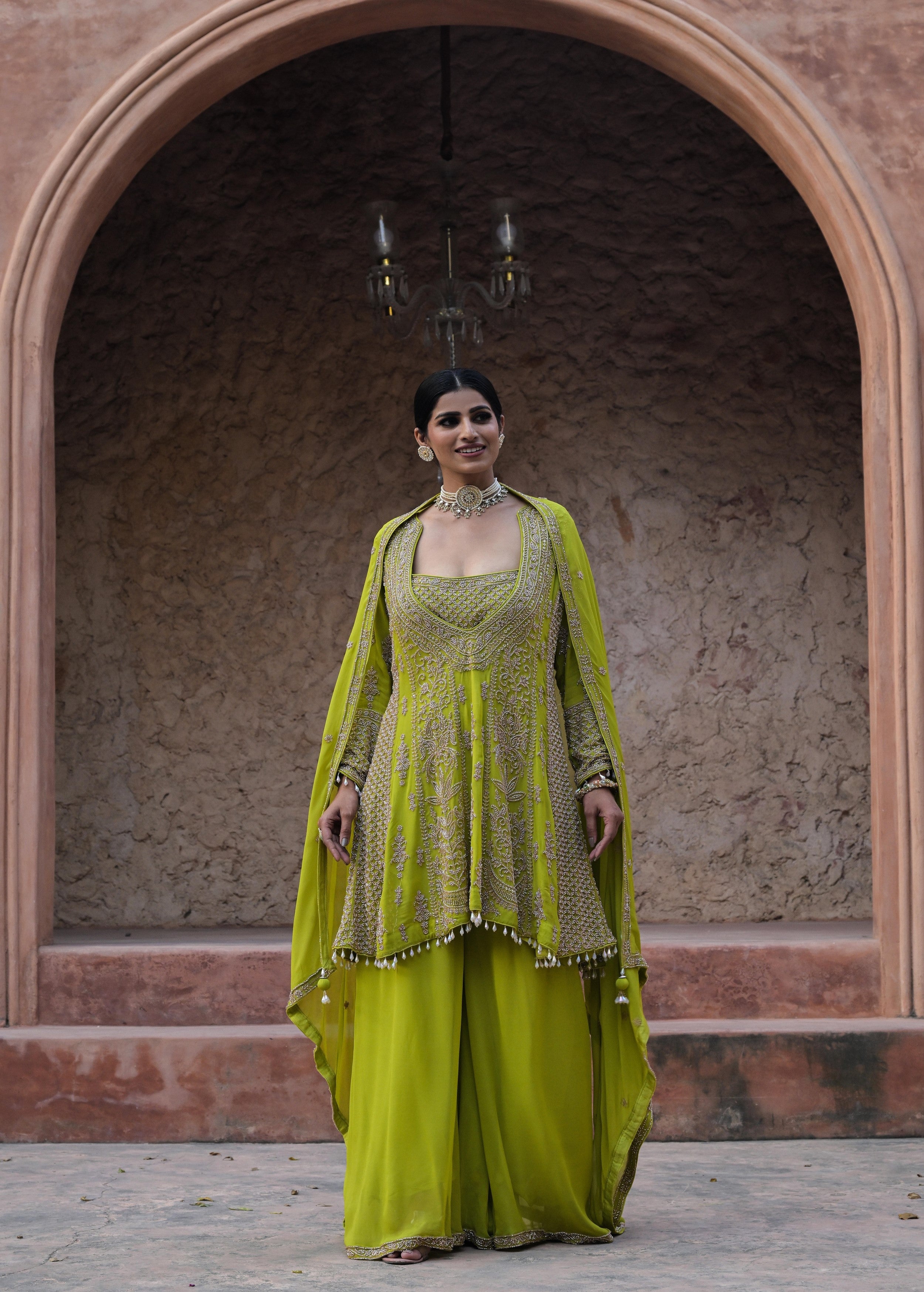 Lime Green Embellished Georgette Silk Palazzo Set