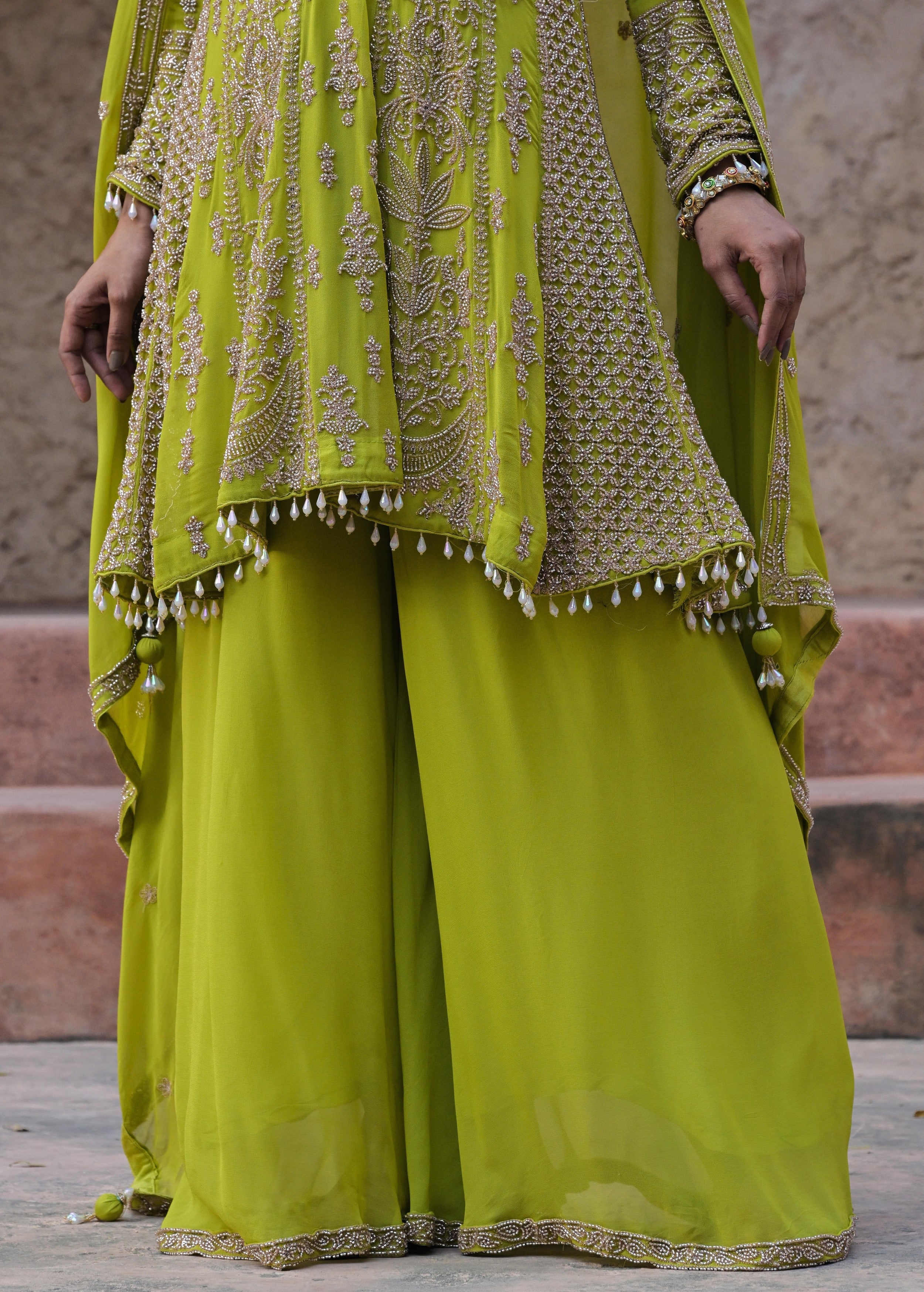 Lime Green Embellished Georgette Silk Palazzo Set