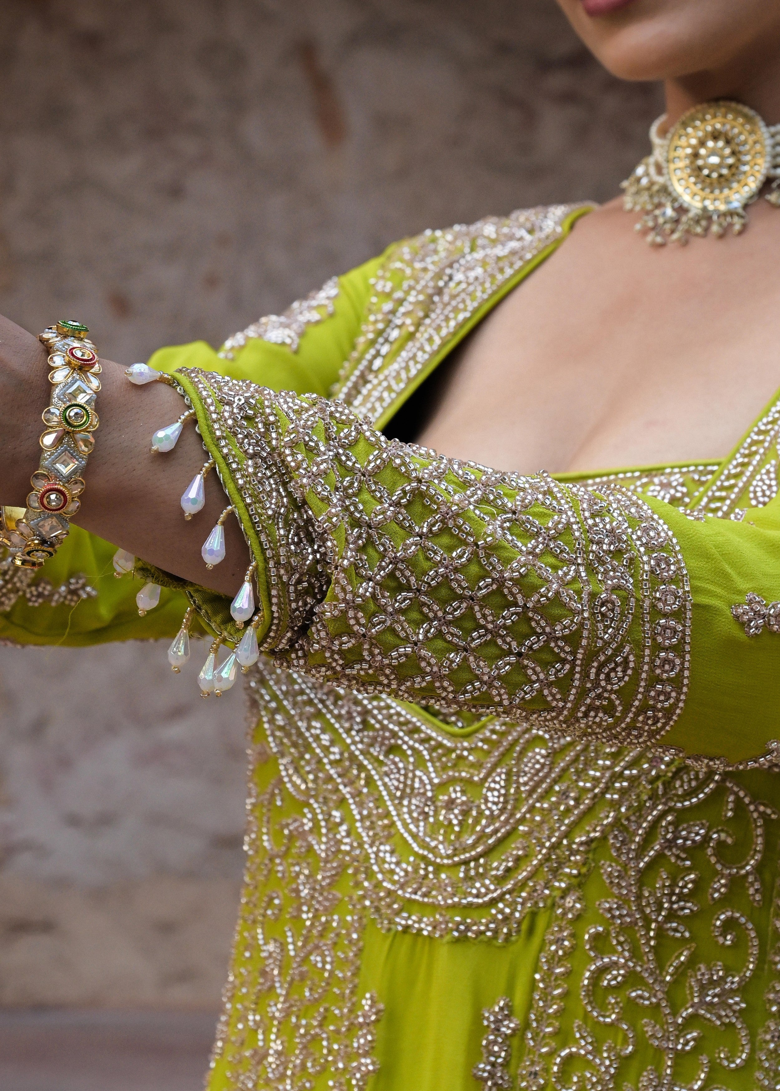 Lime Green Embellished Georgette Silk Palazzo Set