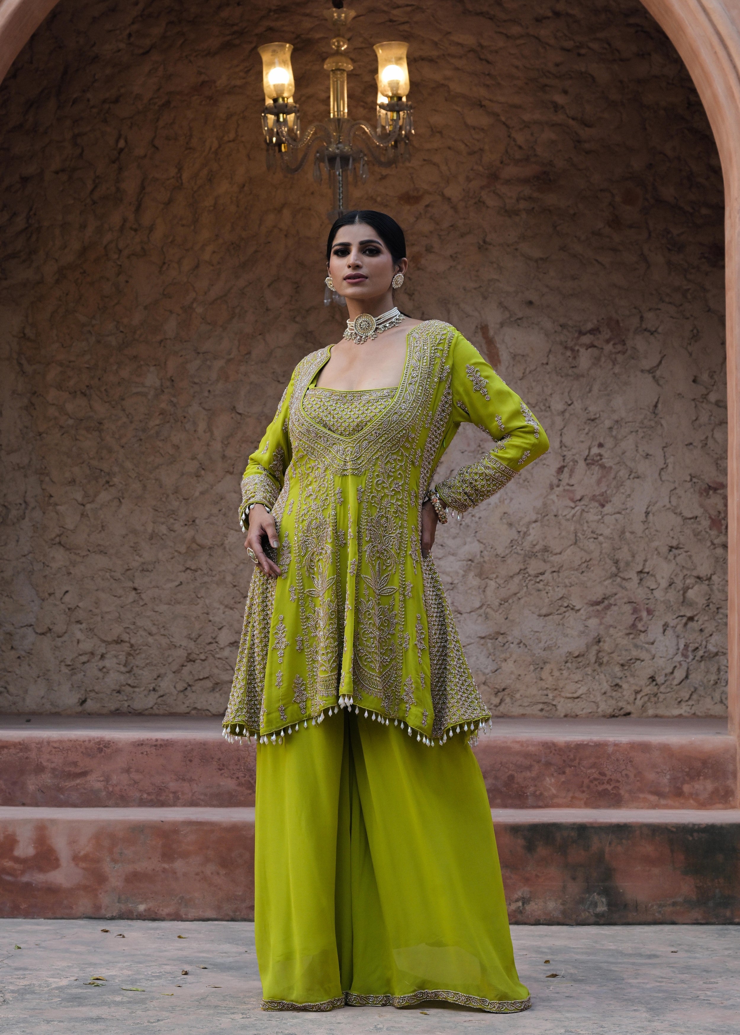 Lime Green Embellished Georgette Silk Palazzo Set