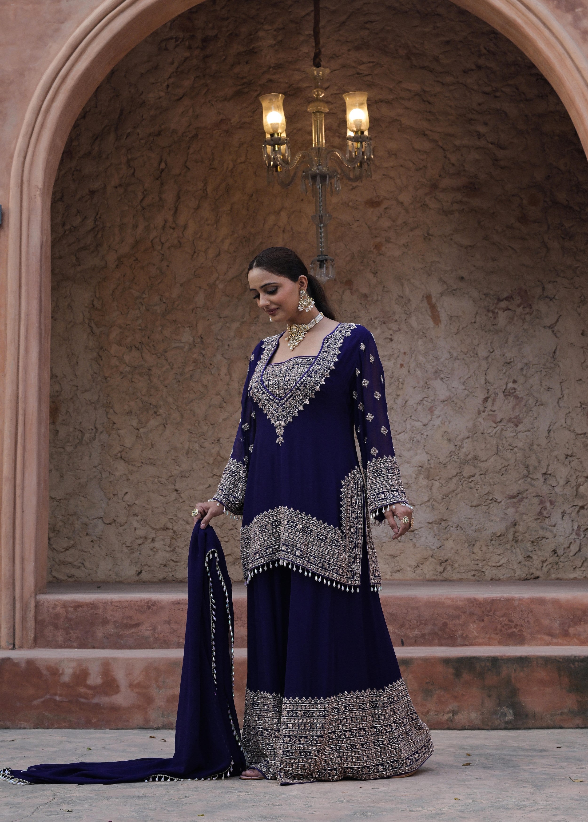Rich Navy Embellished Georgette Silk Palazzo Set