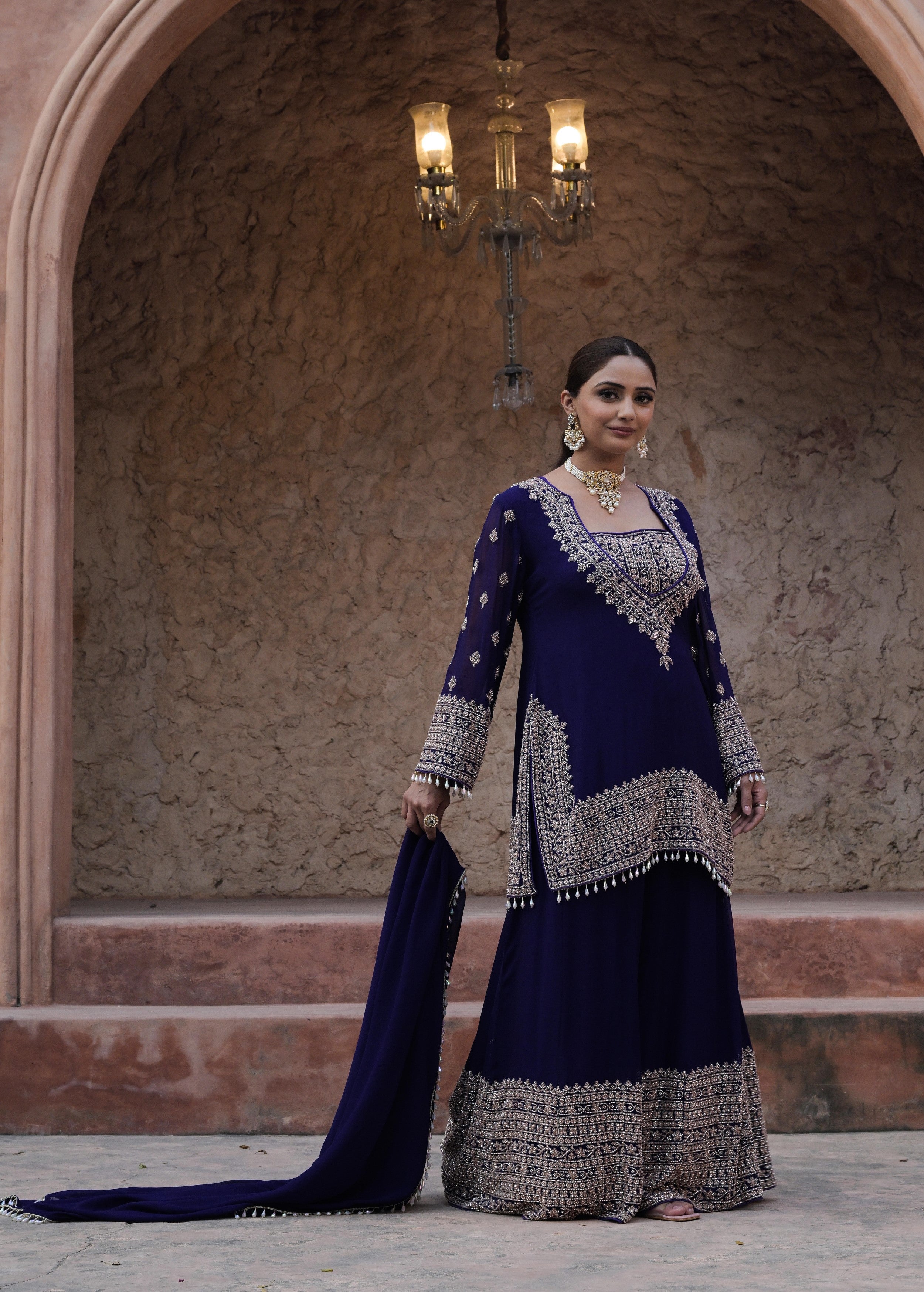 Rich Navy Embellished Georgette Silk Palazzo Set