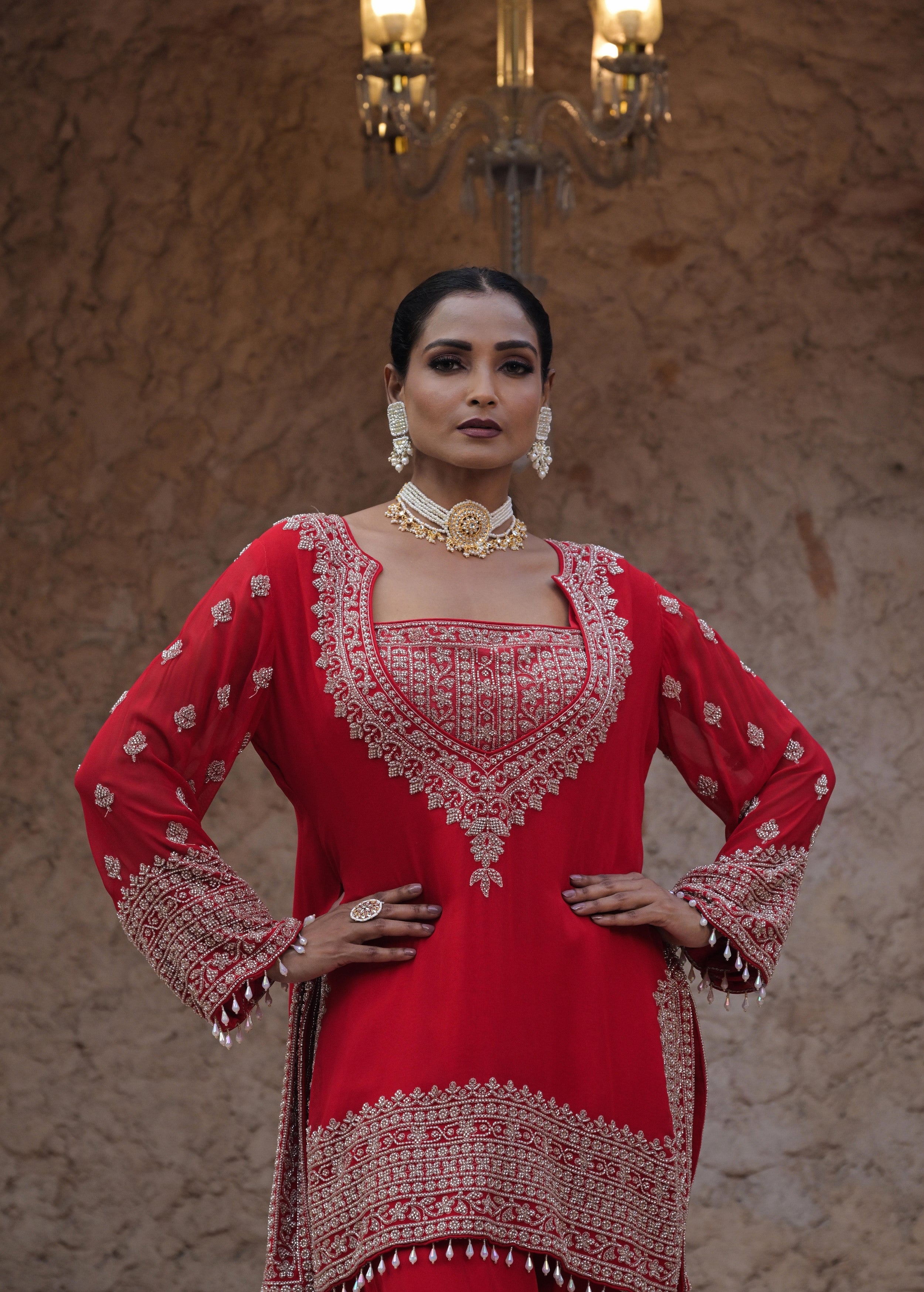 Rich Red Embellished Georgette Silk Palazzo Set