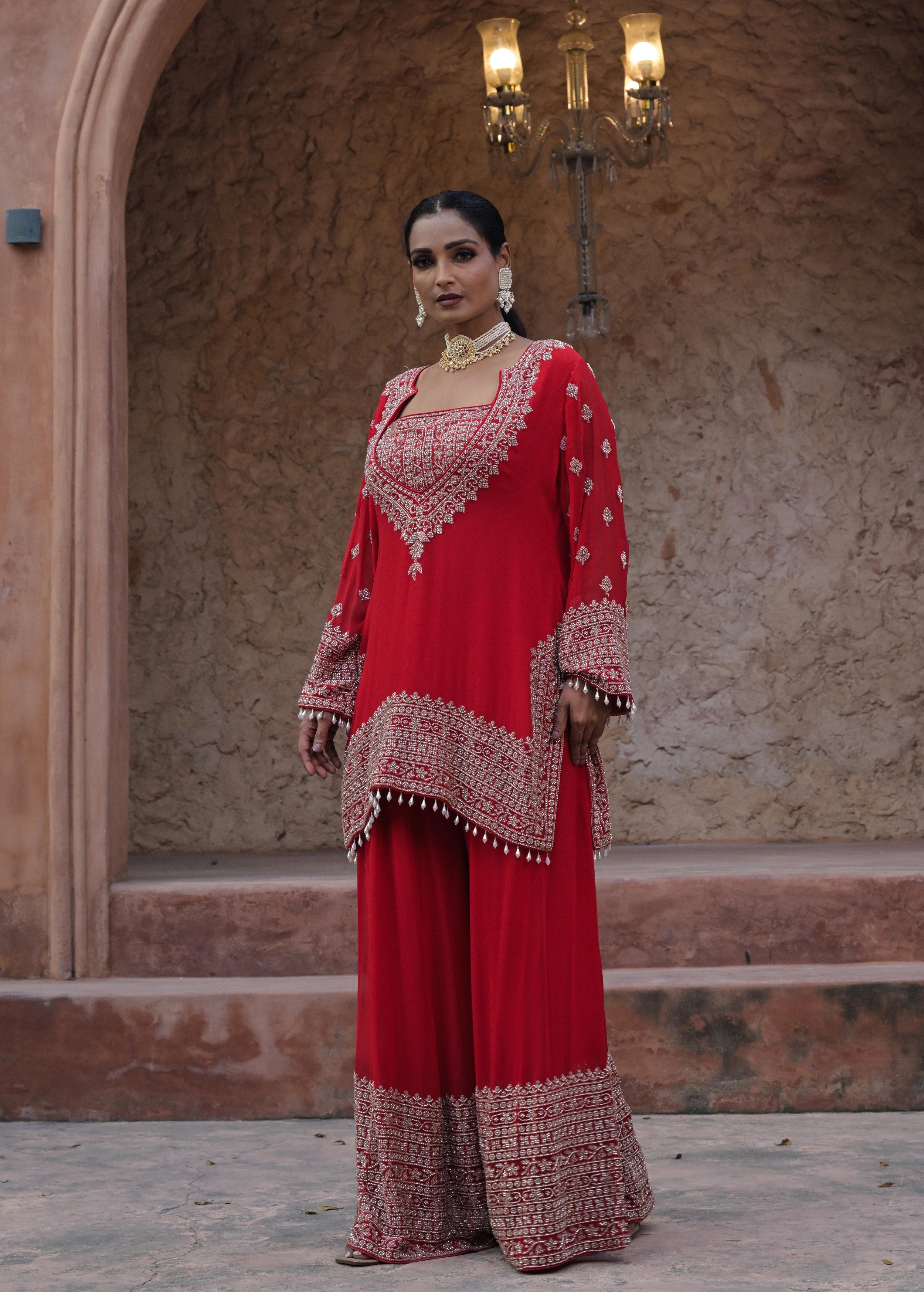 Rich Red Embellished Georgette Silk Palazzo Set