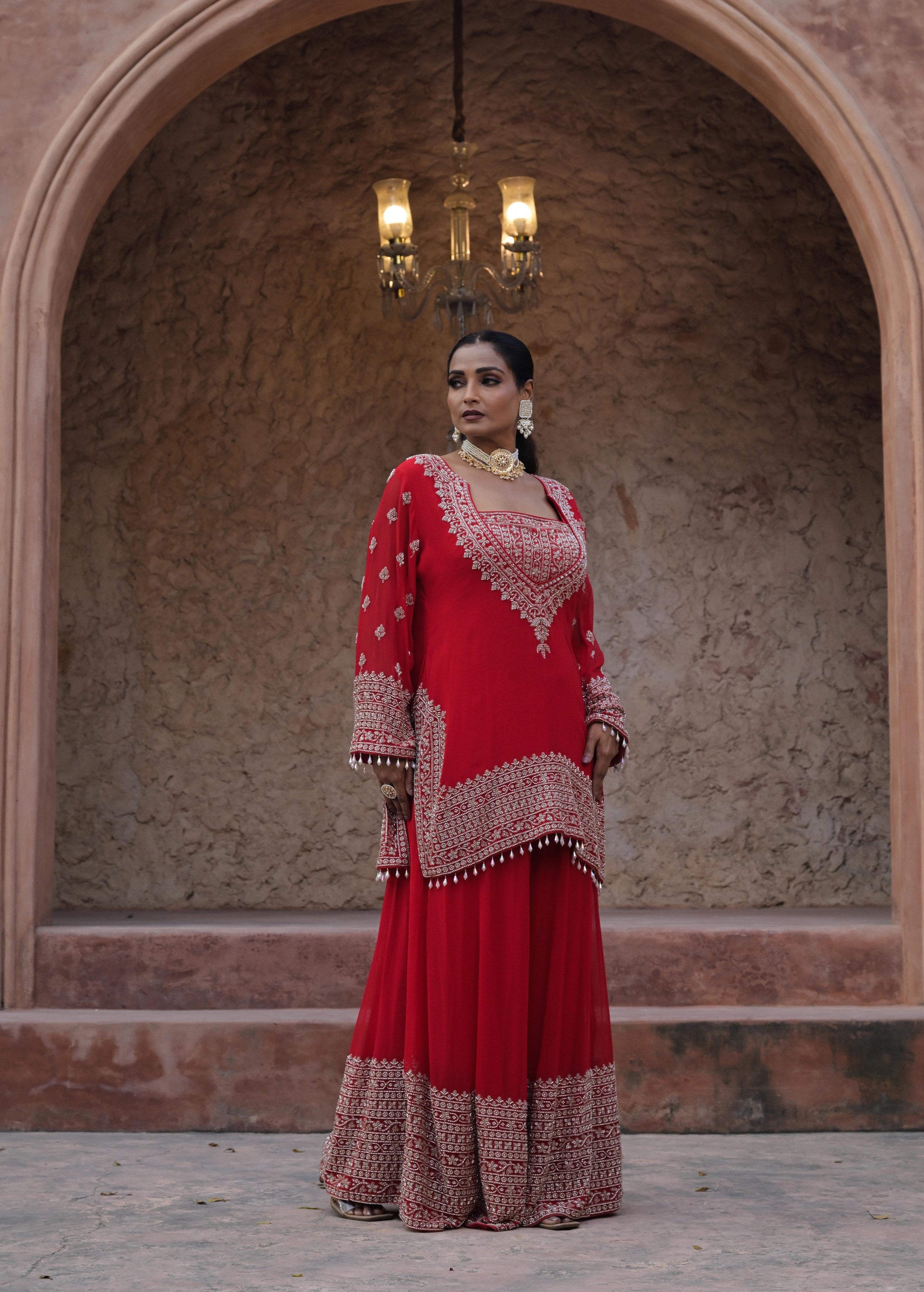 Rich Red Embellished Georgette Silk Palazzo Set
