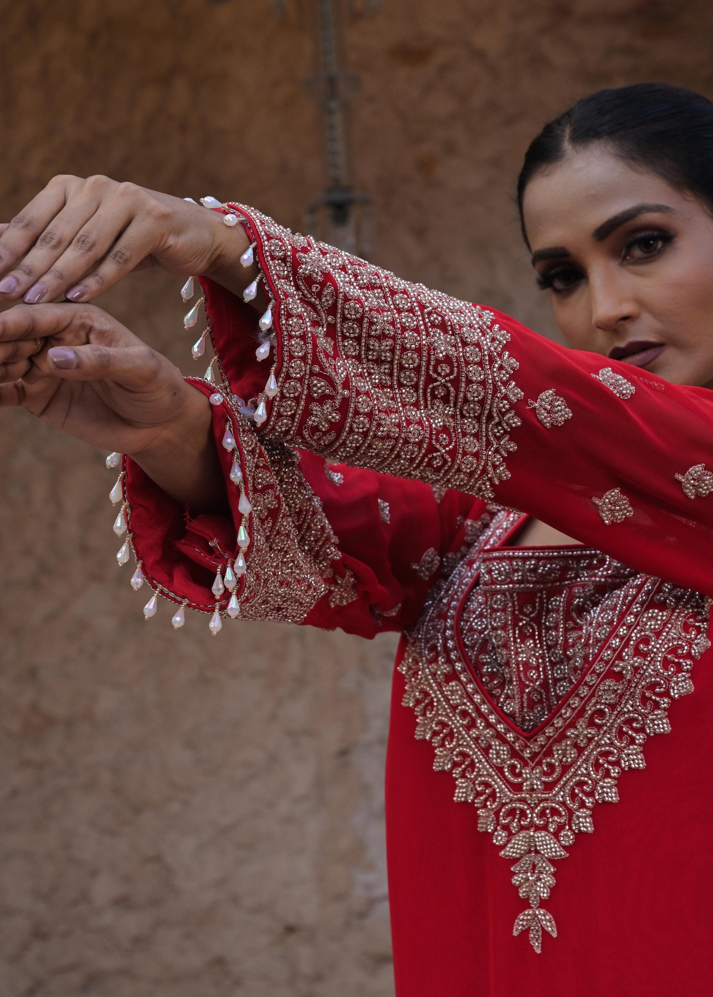 Rich Red Embellished Georgette Silk Palazzo Set