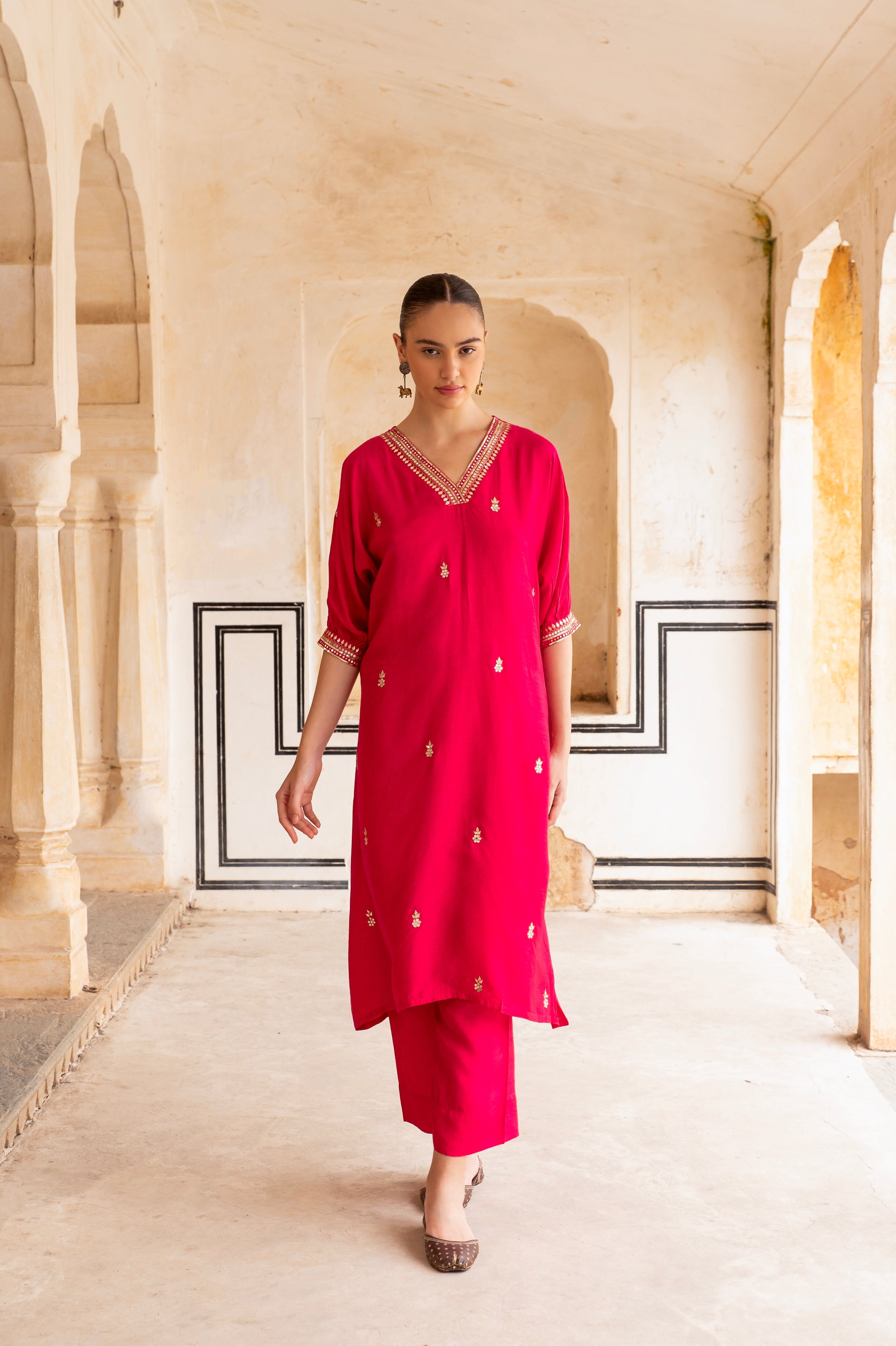 Hot Pink Embellished Dola Silk Kurta Set