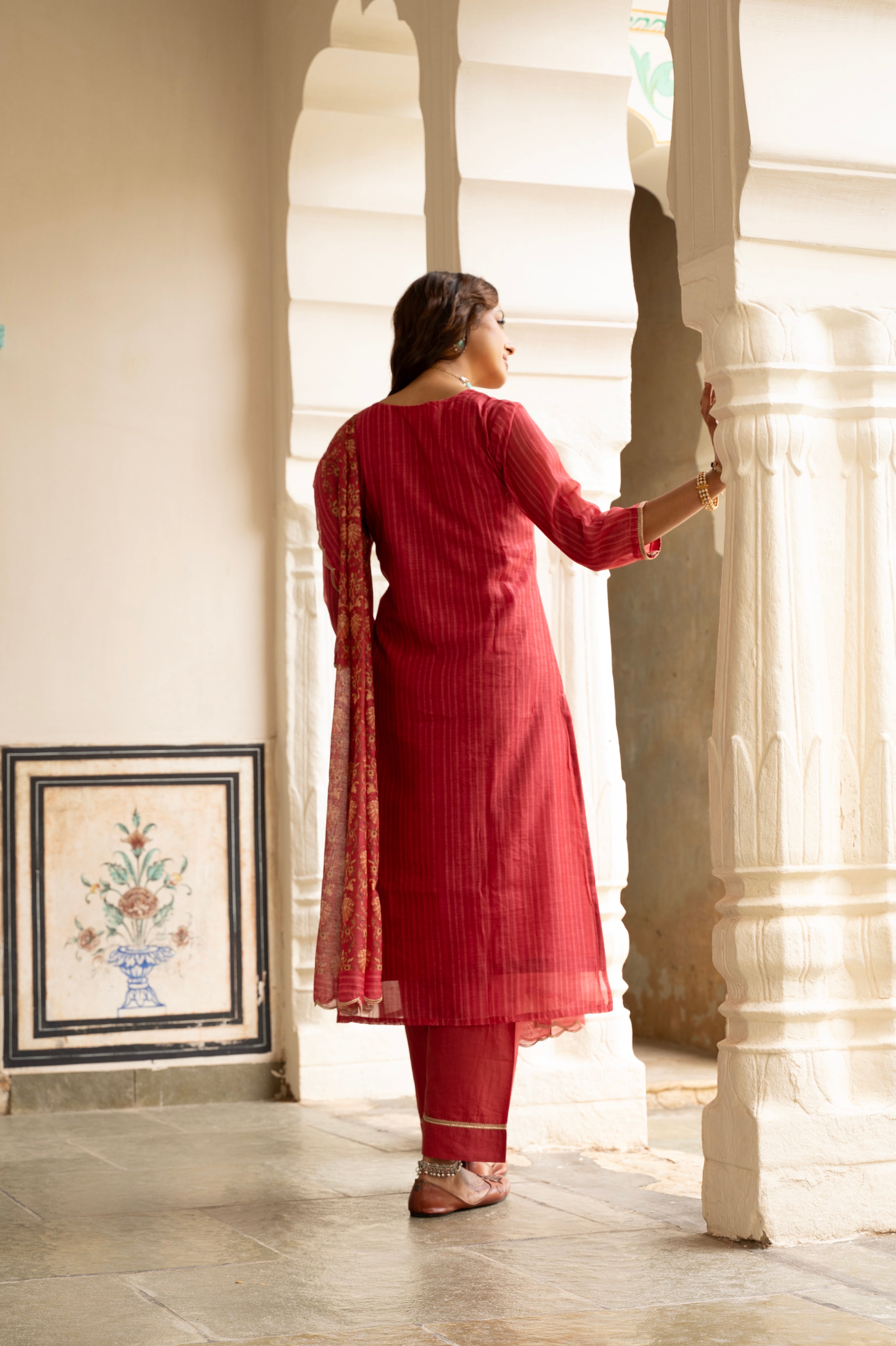 Scarlet Red Embellished Chanderi Silk Pant Set
