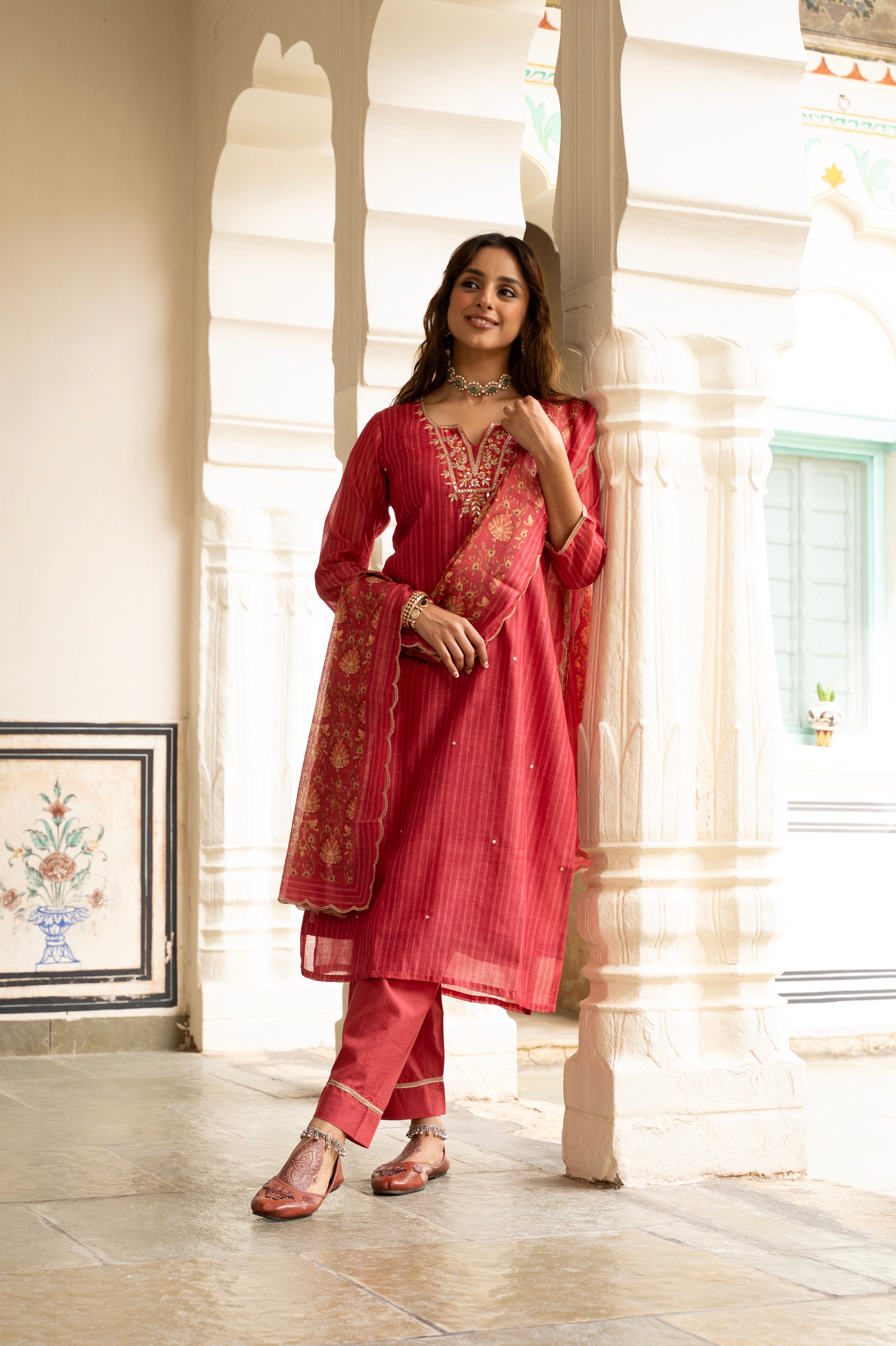Scarlet Red Embellished Chanderi Silk Pant Set