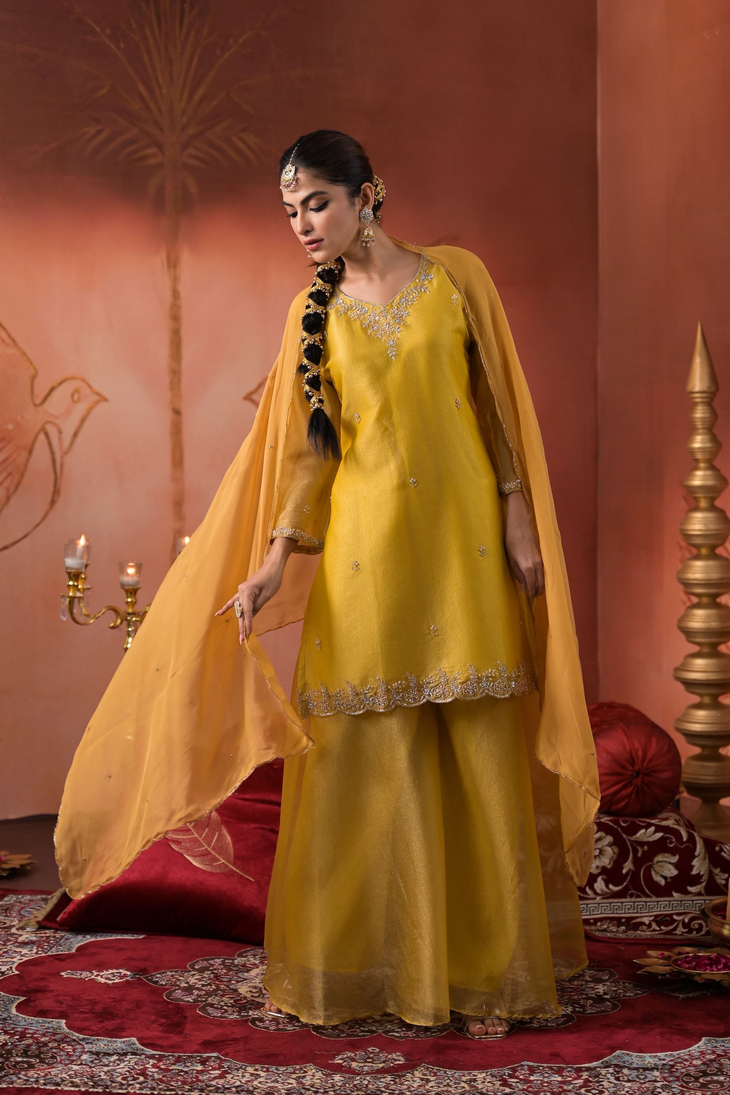 Festive Yellow Shimmer Silk Palazzo Set