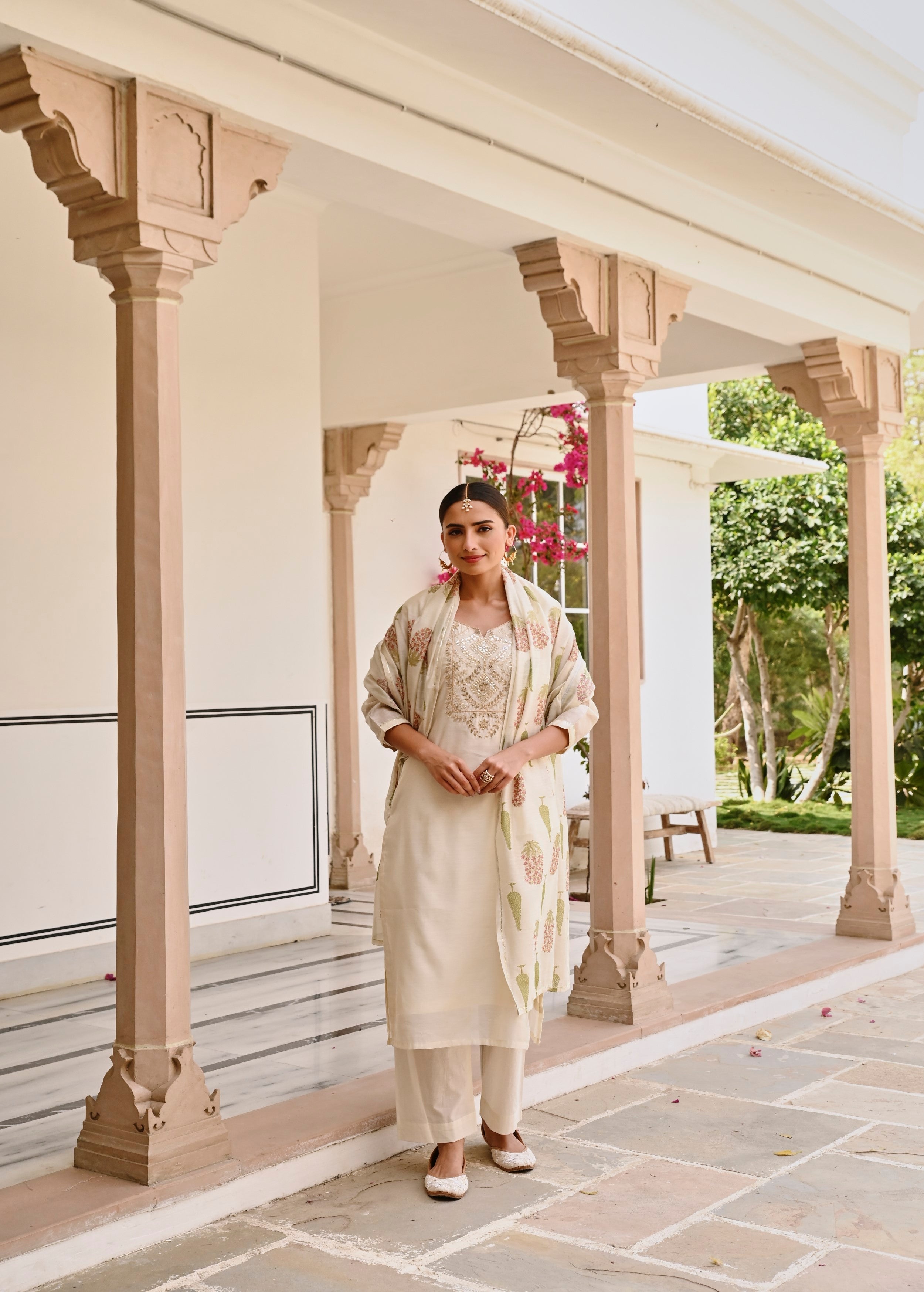 Cream Embroidered Chanderi Silk Pant Set