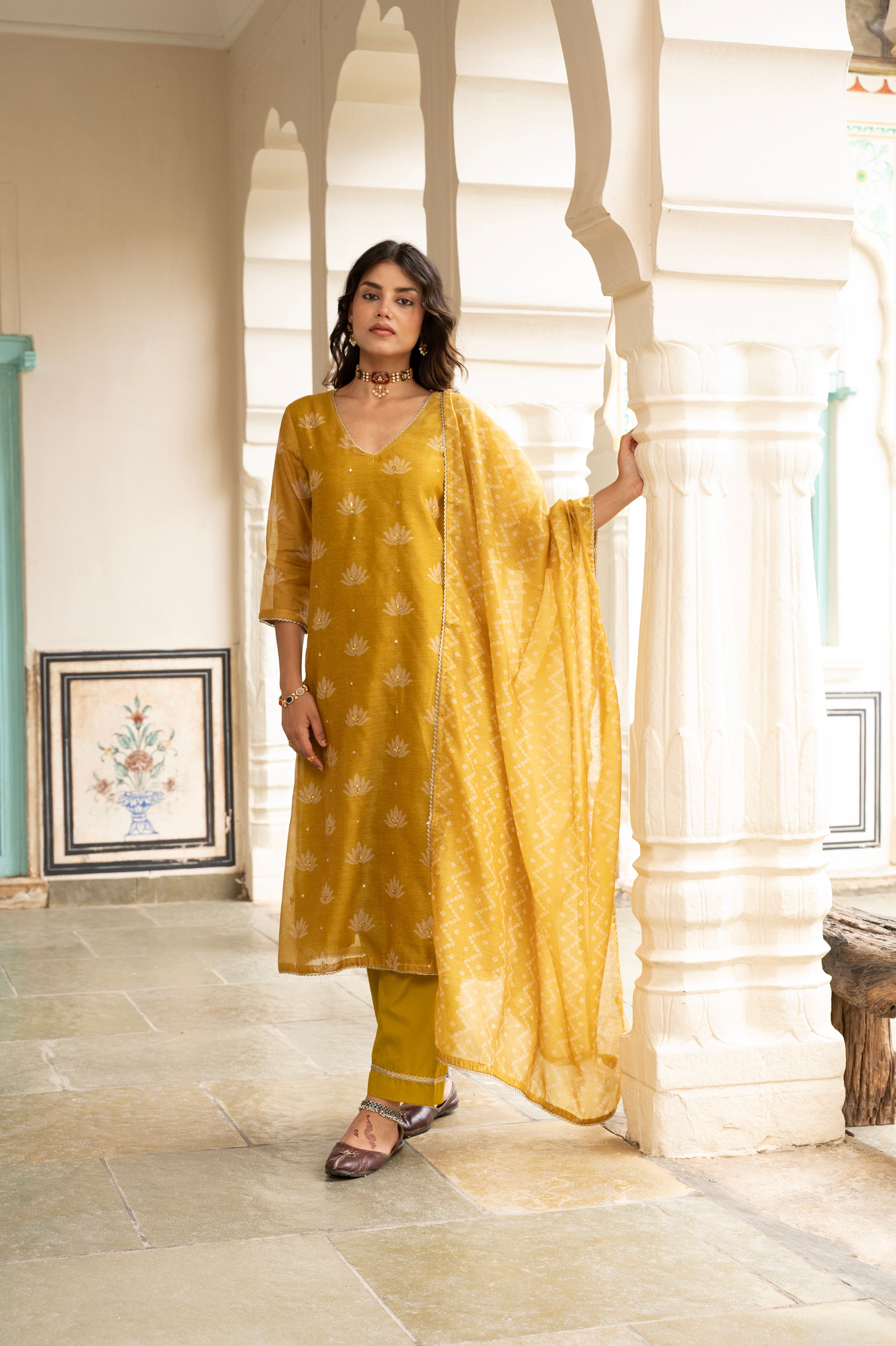 Mustard Embellished Chanderi Silk Pant Set