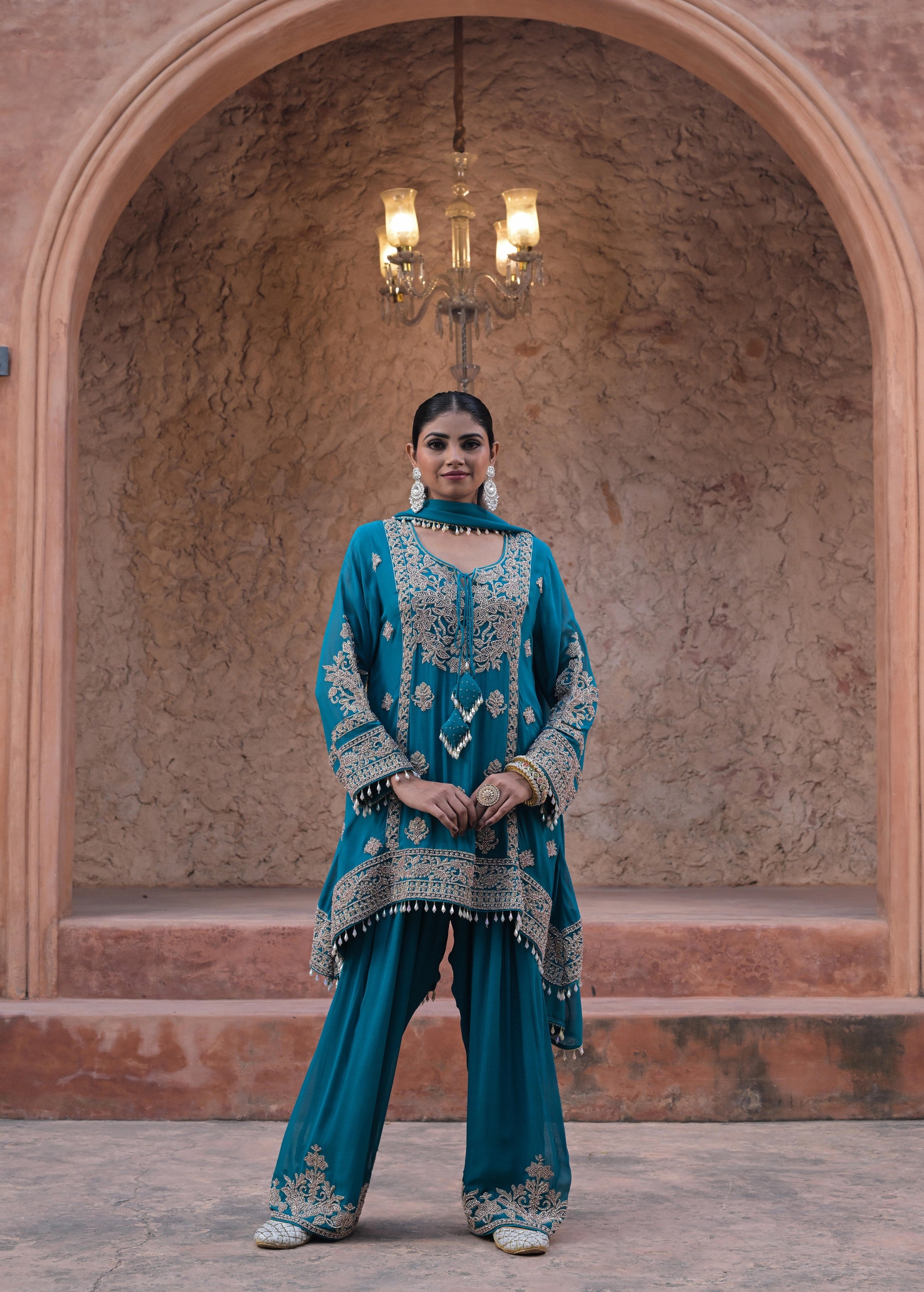 Aqua Blue Embellished Georgette Silk Pant Set