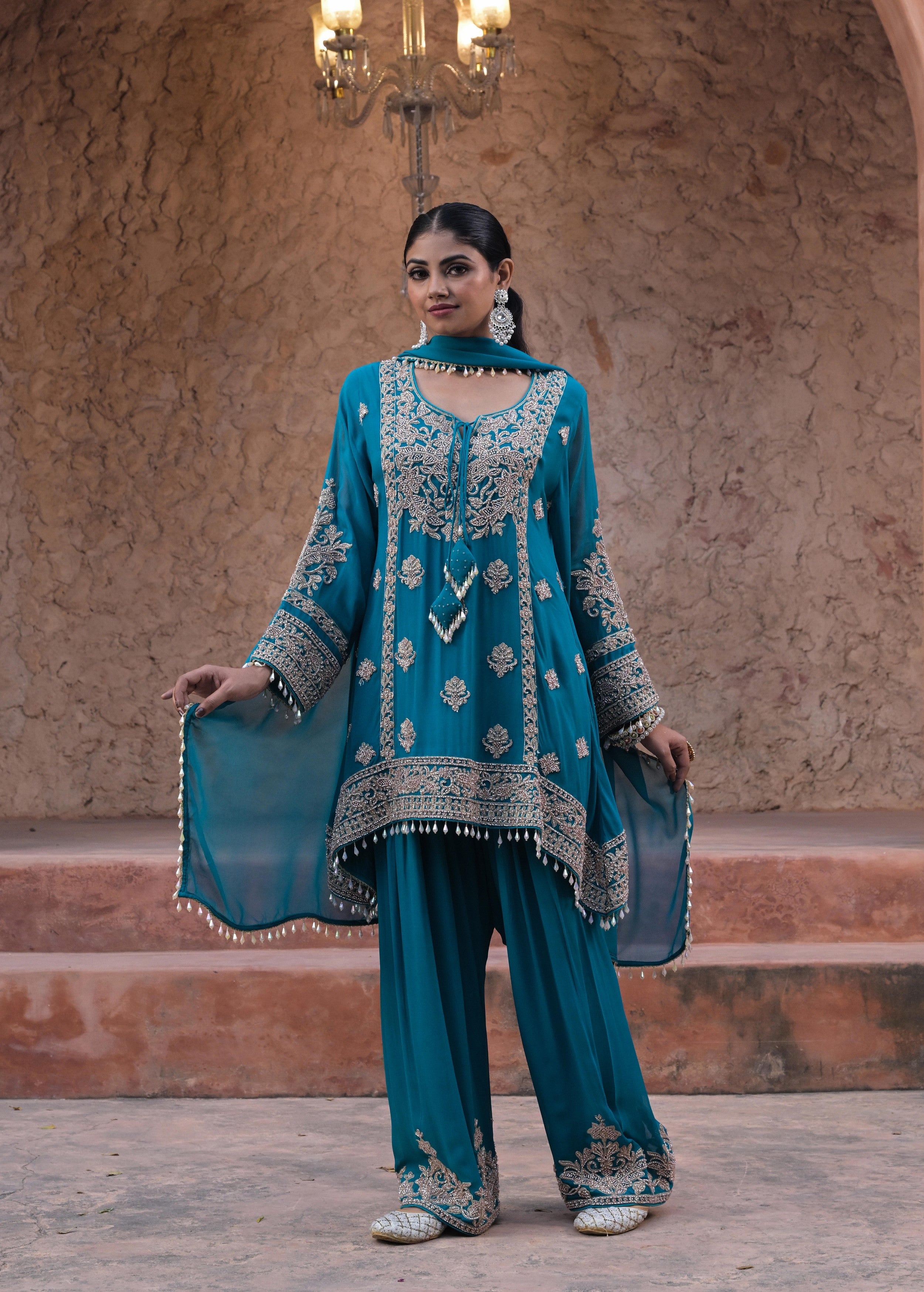 Aqua Blue Embellished Georgette Silk Pant Set