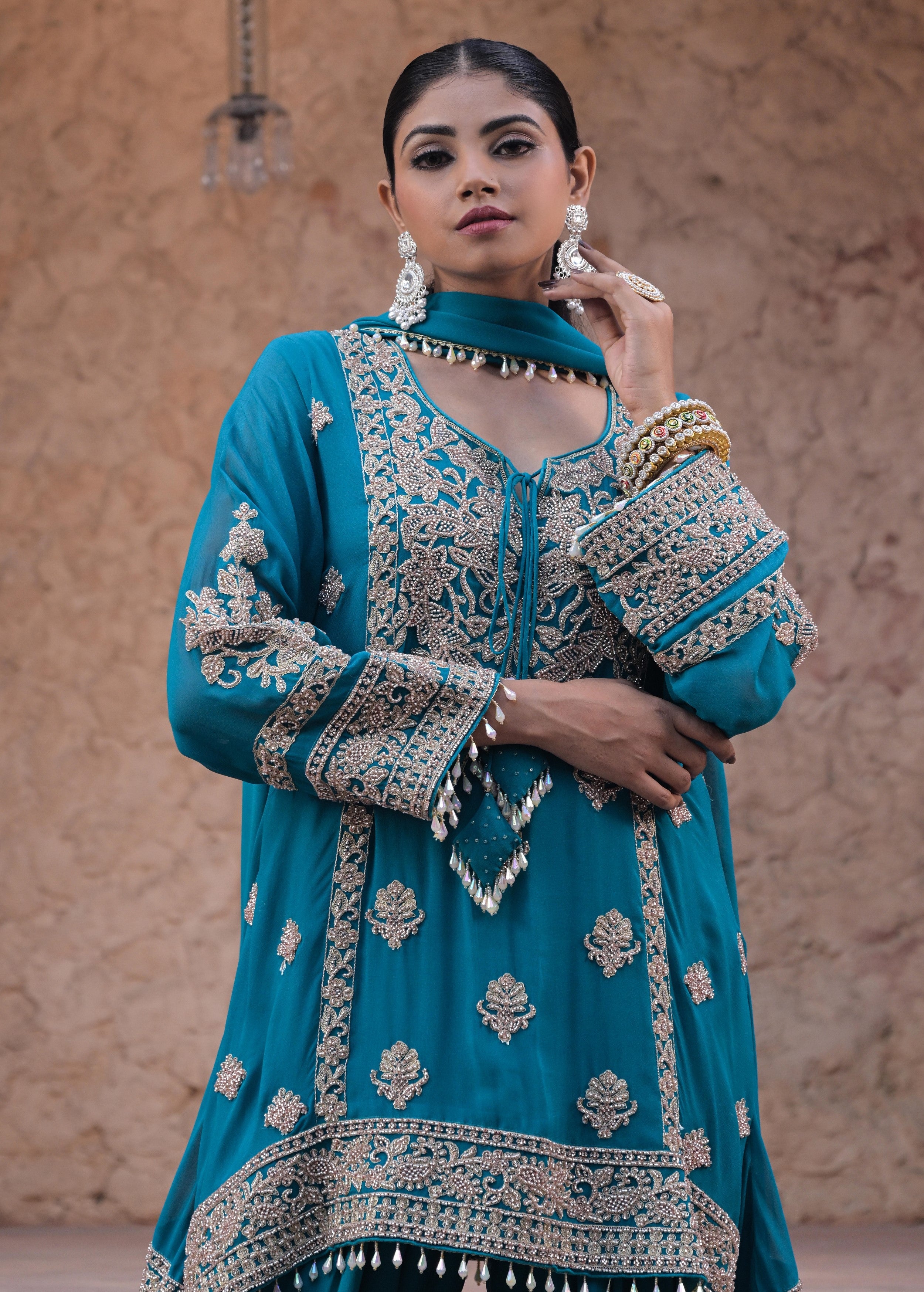 Aqua Blue Embellished Georgette Silk Pant Set