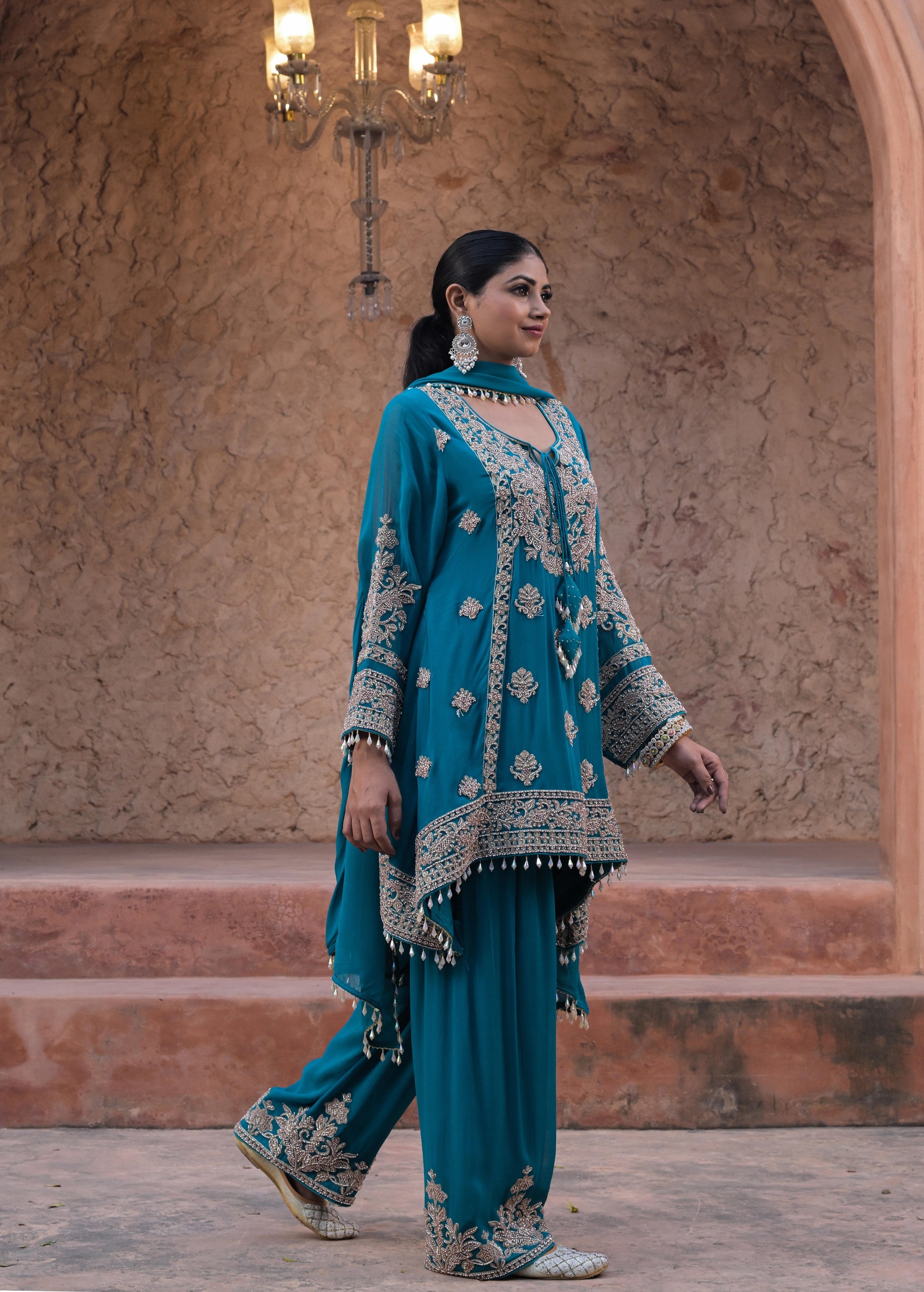 Aqua Blue Embellished Georgette Silk Pant Set