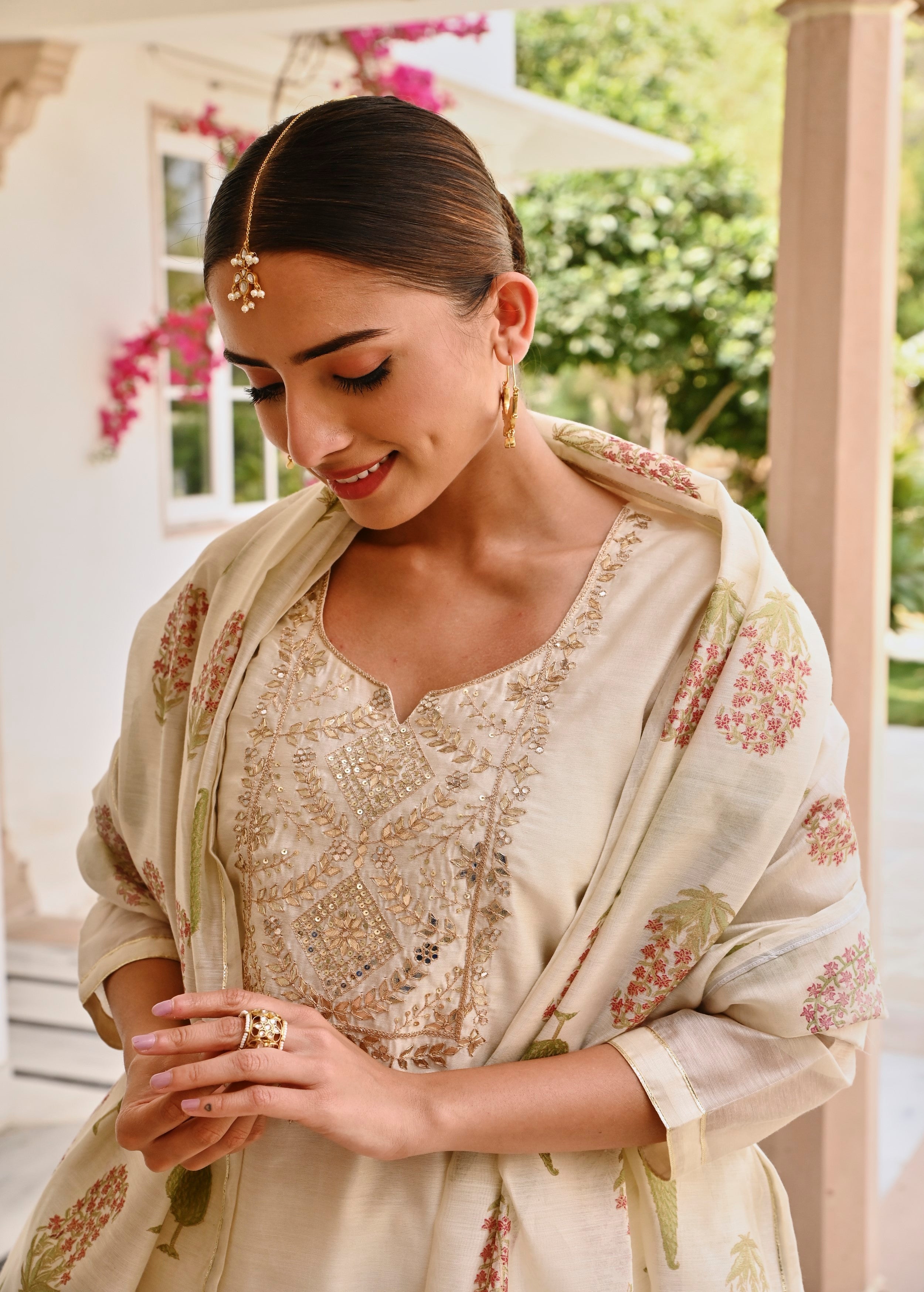 Cream Embroidered Chanderi Silk Pant Set