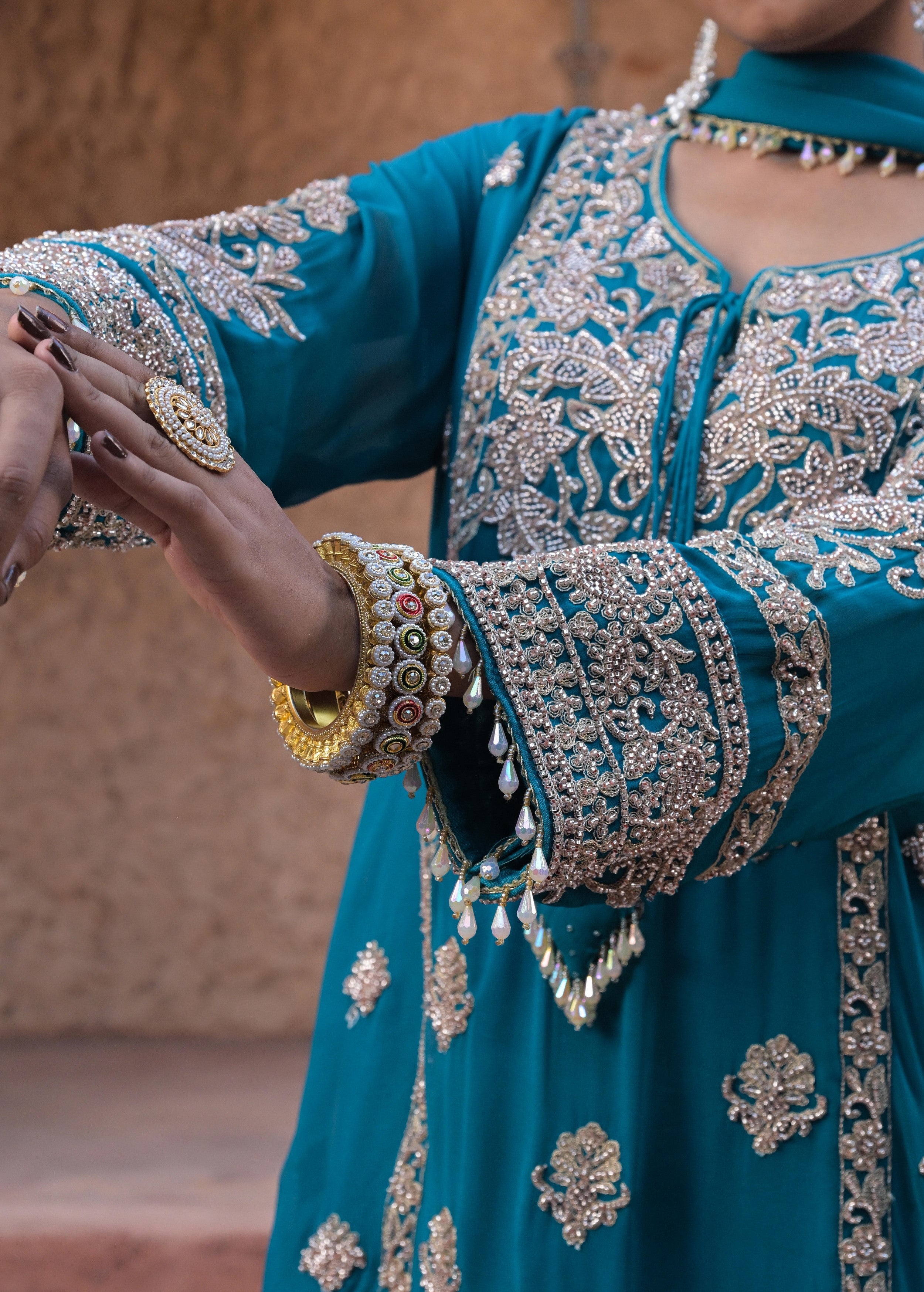 Aqua Blue Embellished Georgette Silk Pant Set