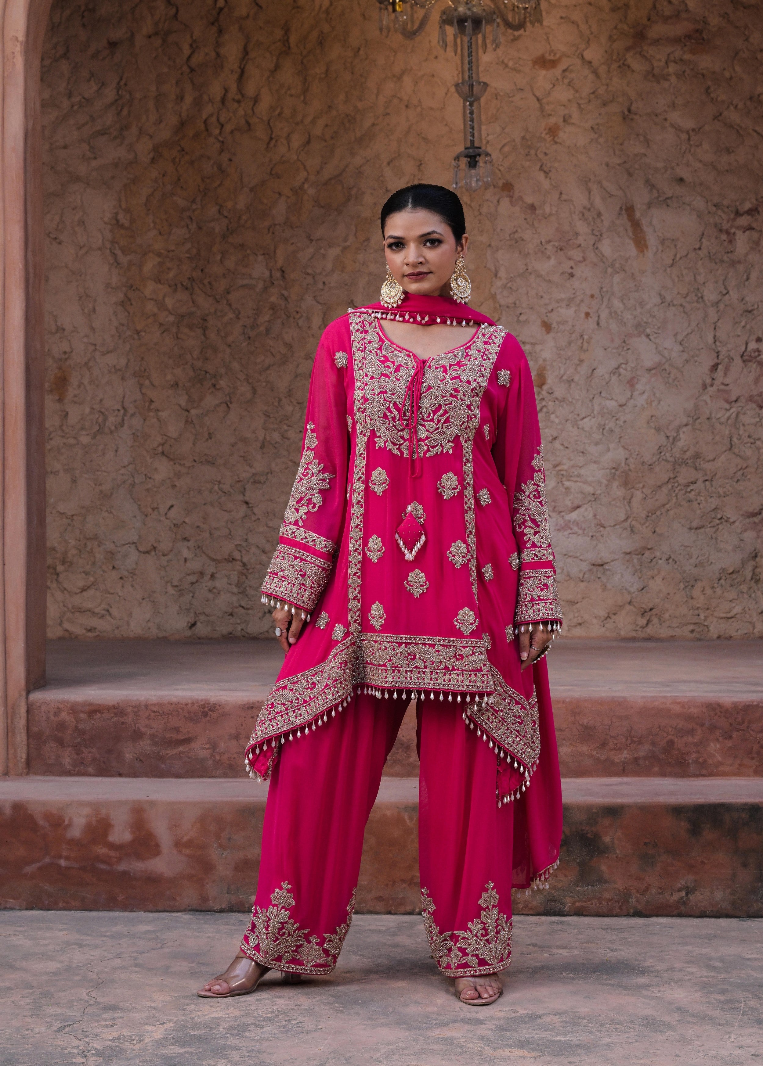 Berry Pink Embellished Georgette Silk Pant Set