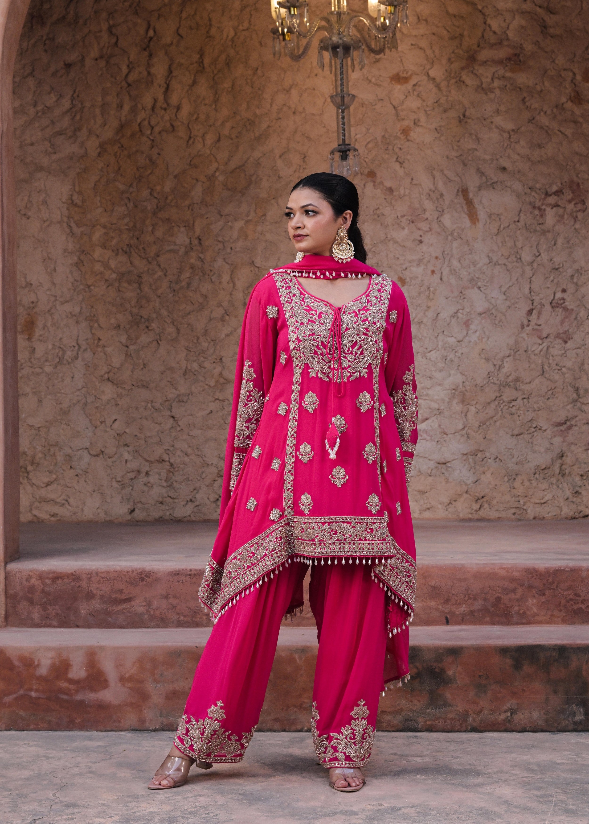 Berry Pink Embellished Georgette Silk Pant Set