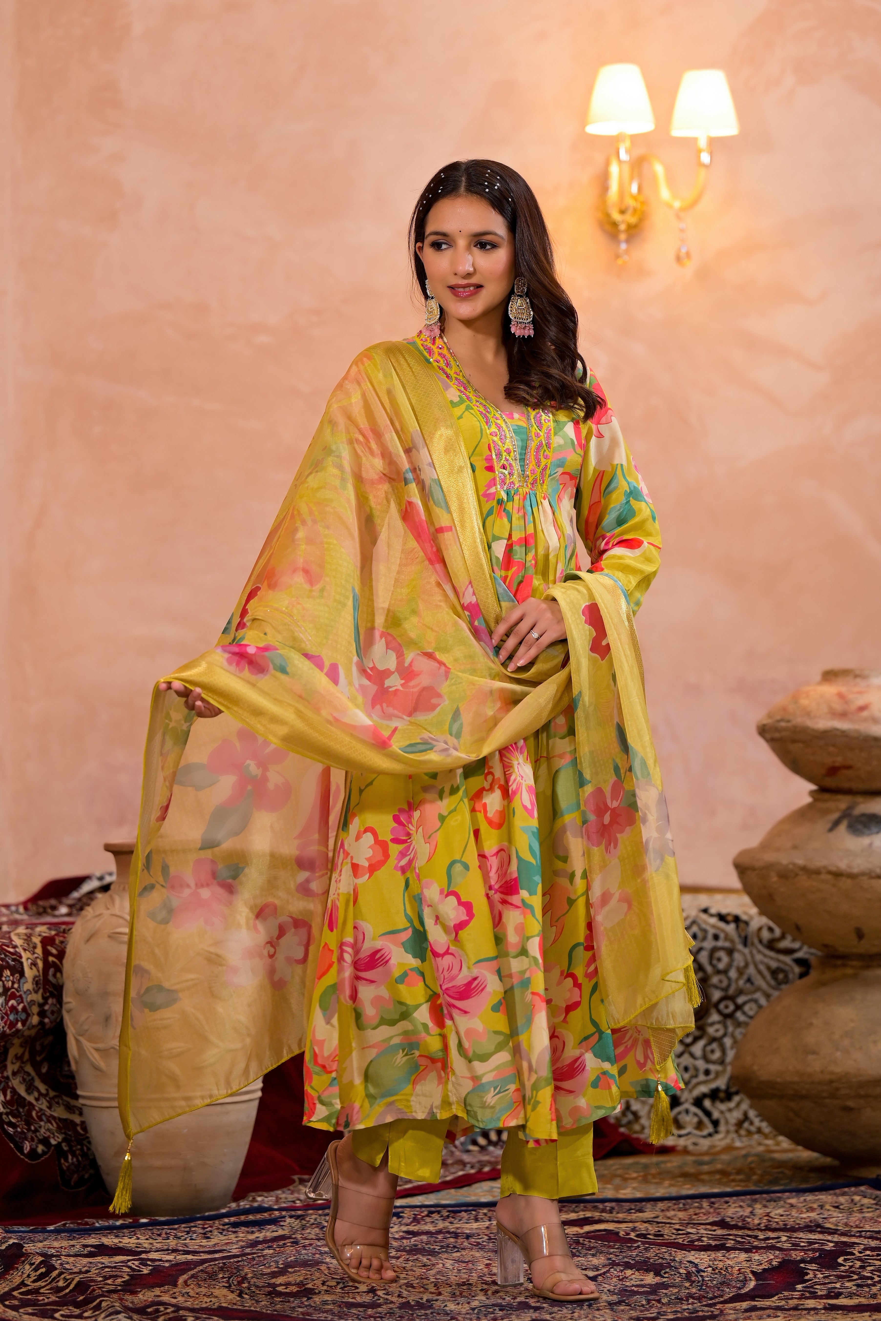 Neon Yellow Floral Printed Premium Silk Anarkali Set