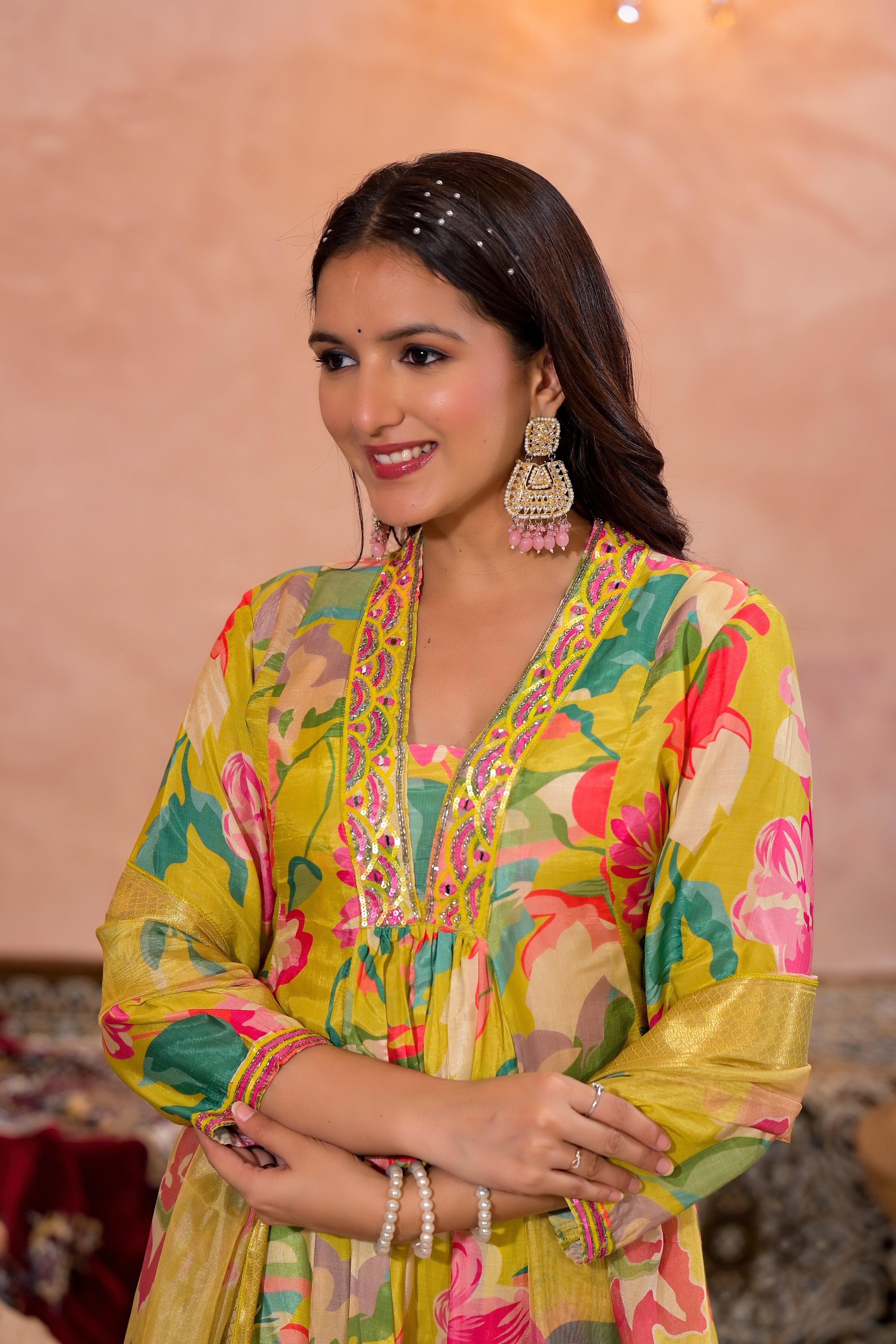 Neon Yellow Floral Printed Premium Silk Anarkali Set