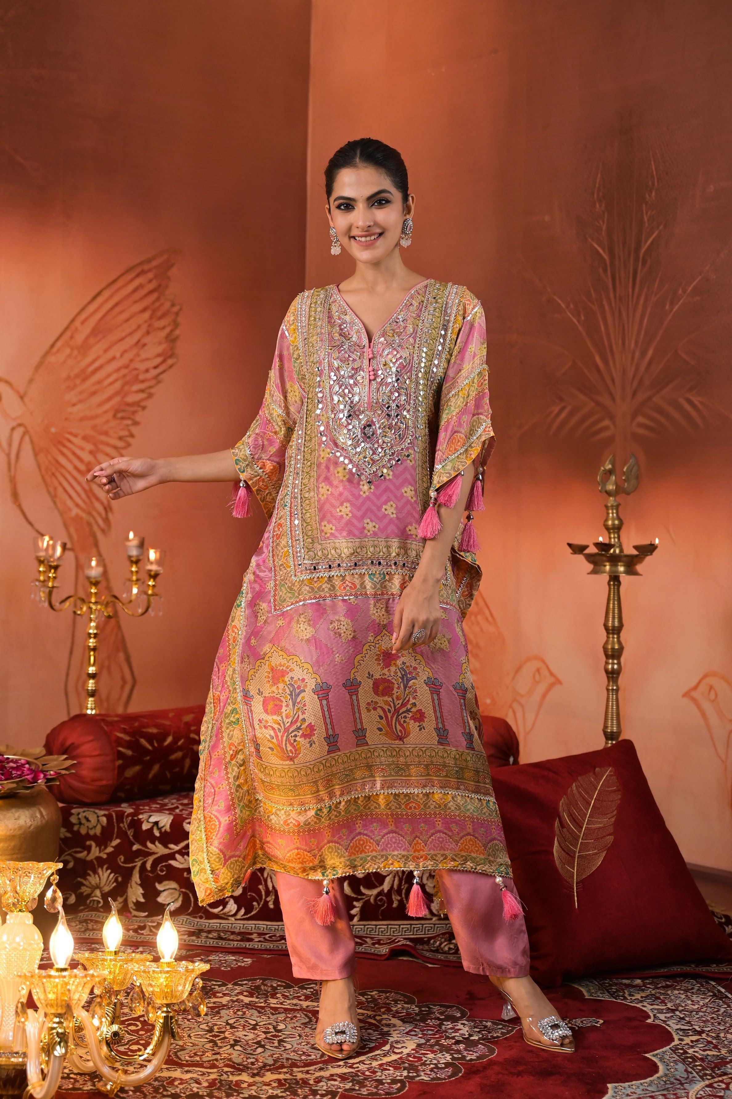 Pink Traditional Printed Organza Silk Kaftan Set