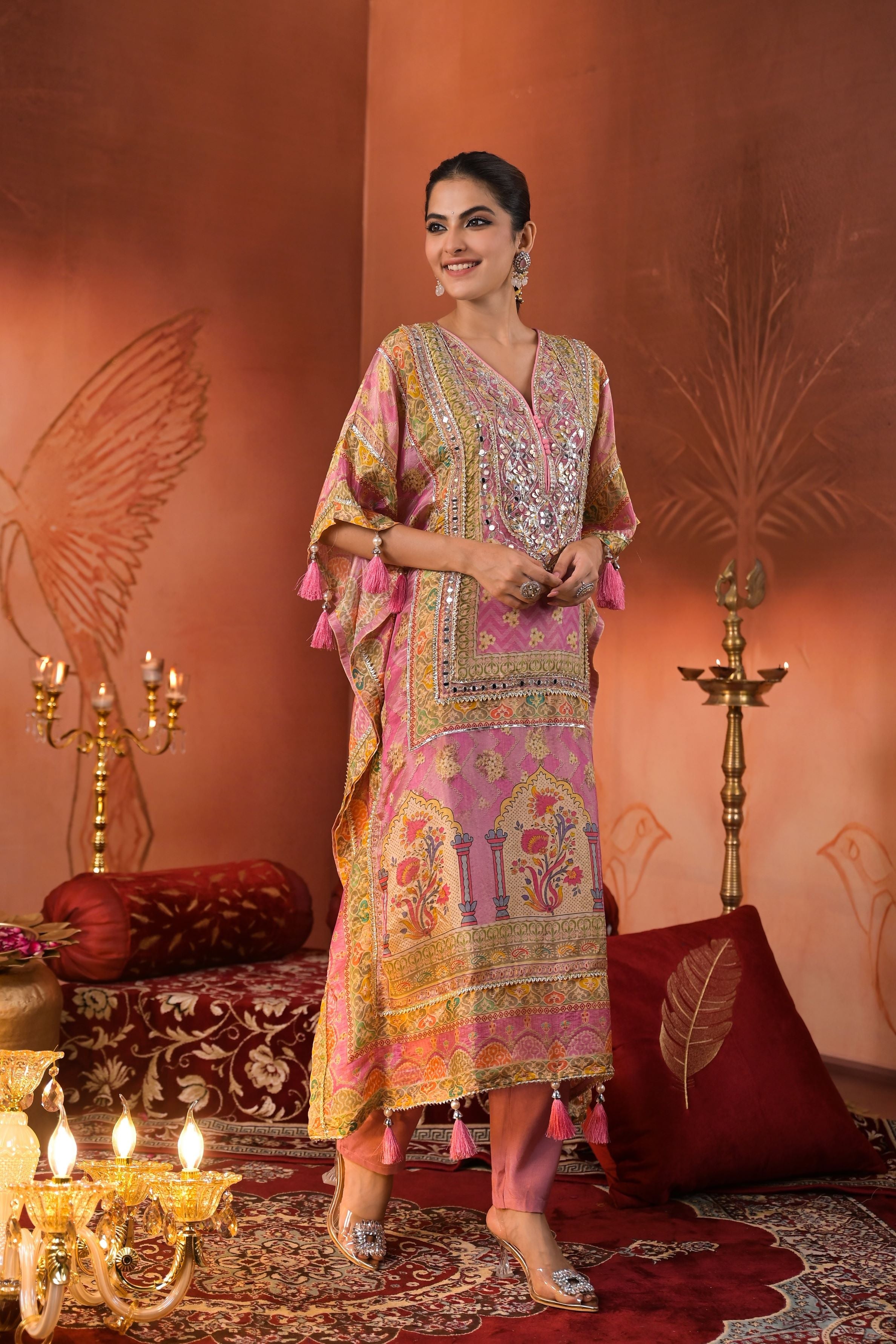 Pink Traditional Printed Organza Silk Kaftan Set