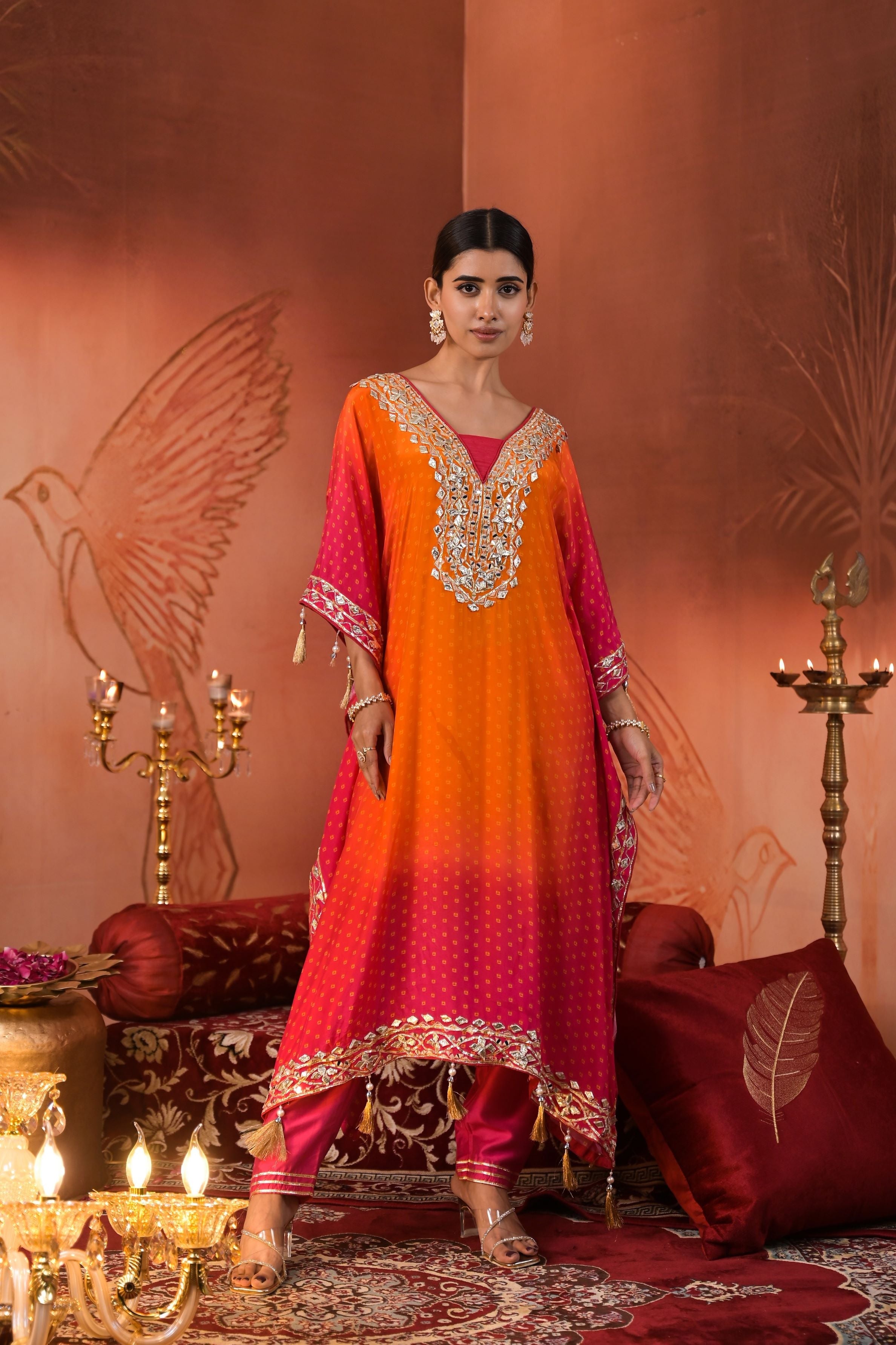 Orange Bandhej Printed Kaftan Set