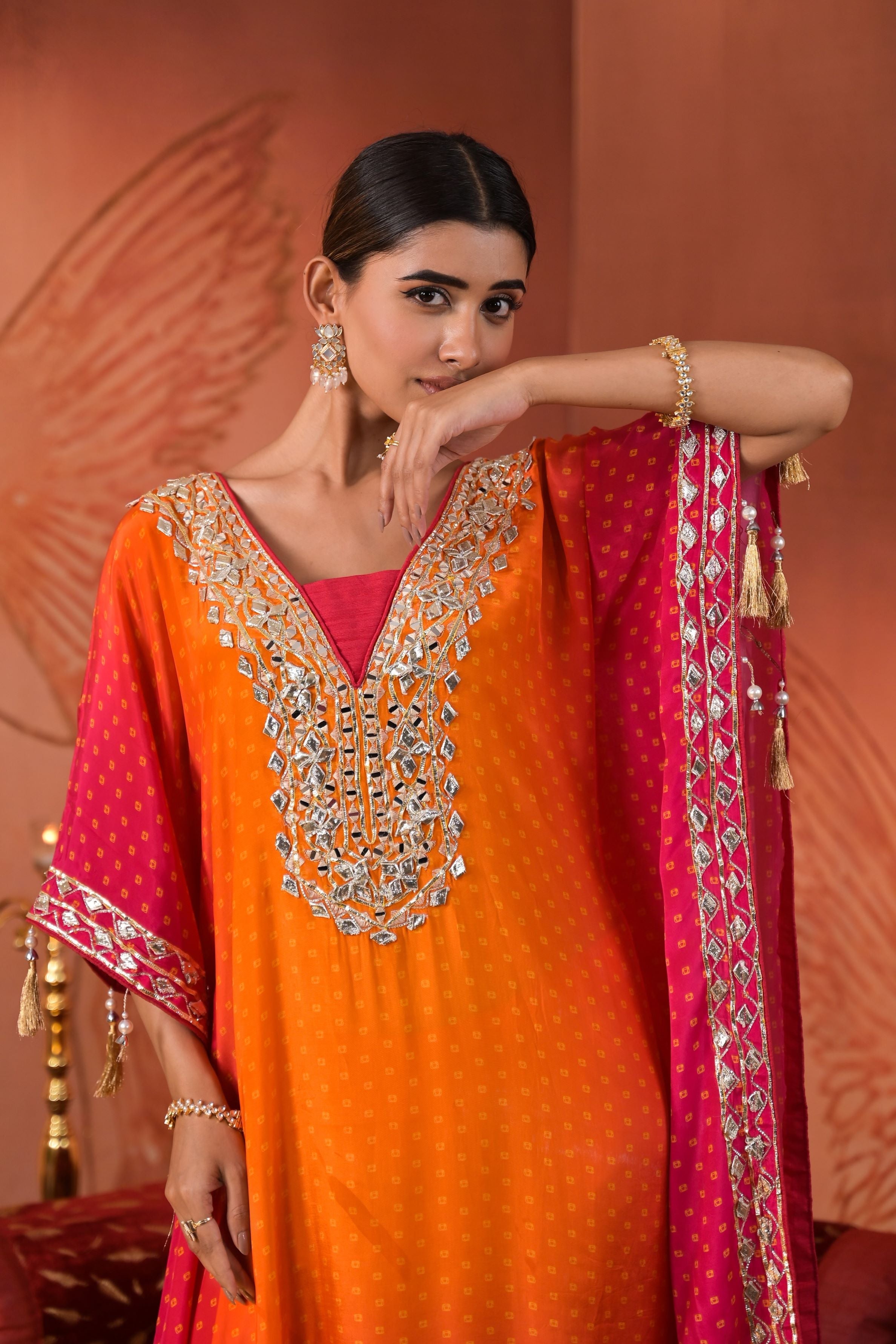 Orange Bandhej Printed Kaftan Set