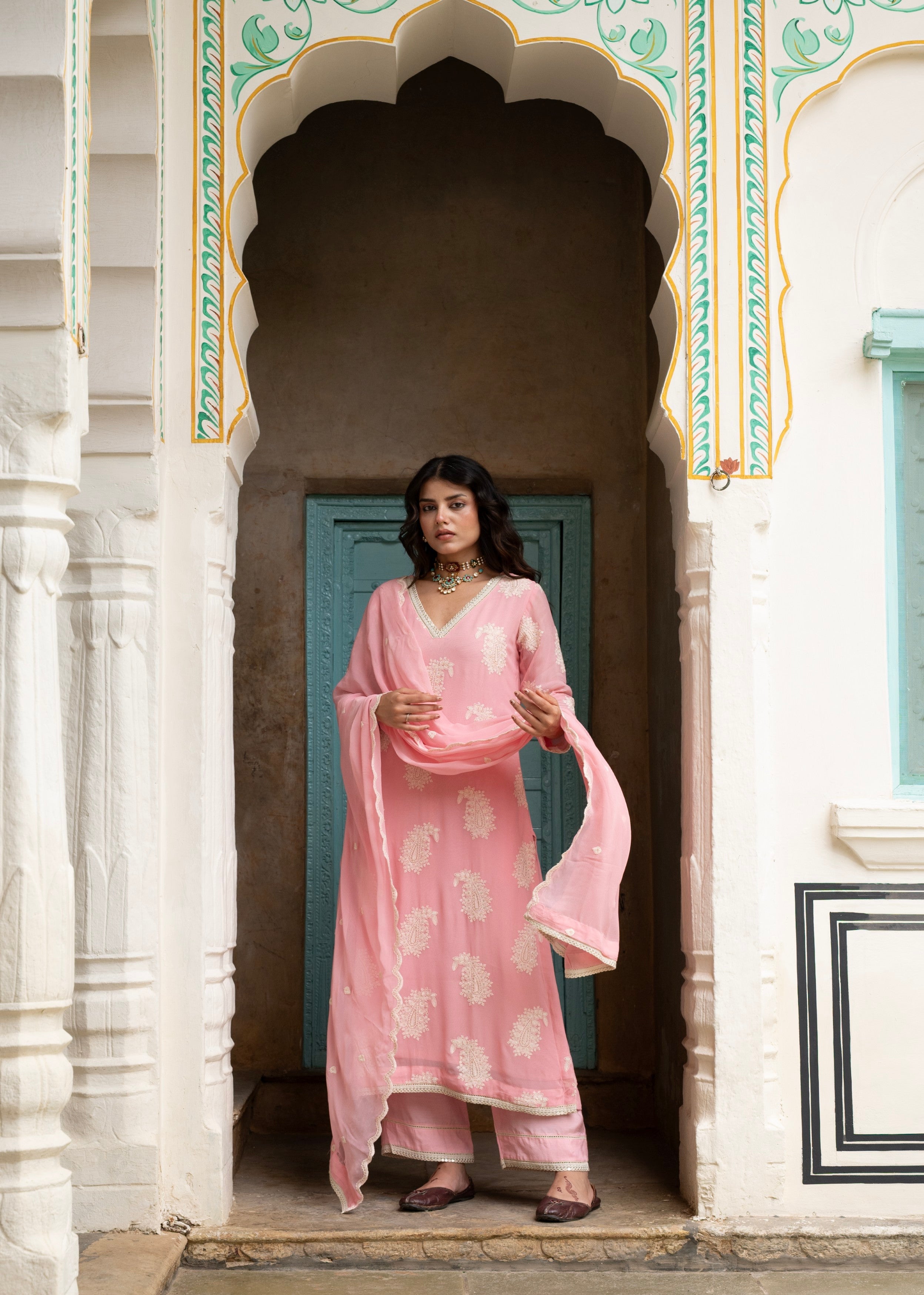 Rose Pink Chikankari Georgette Silk Pant Set