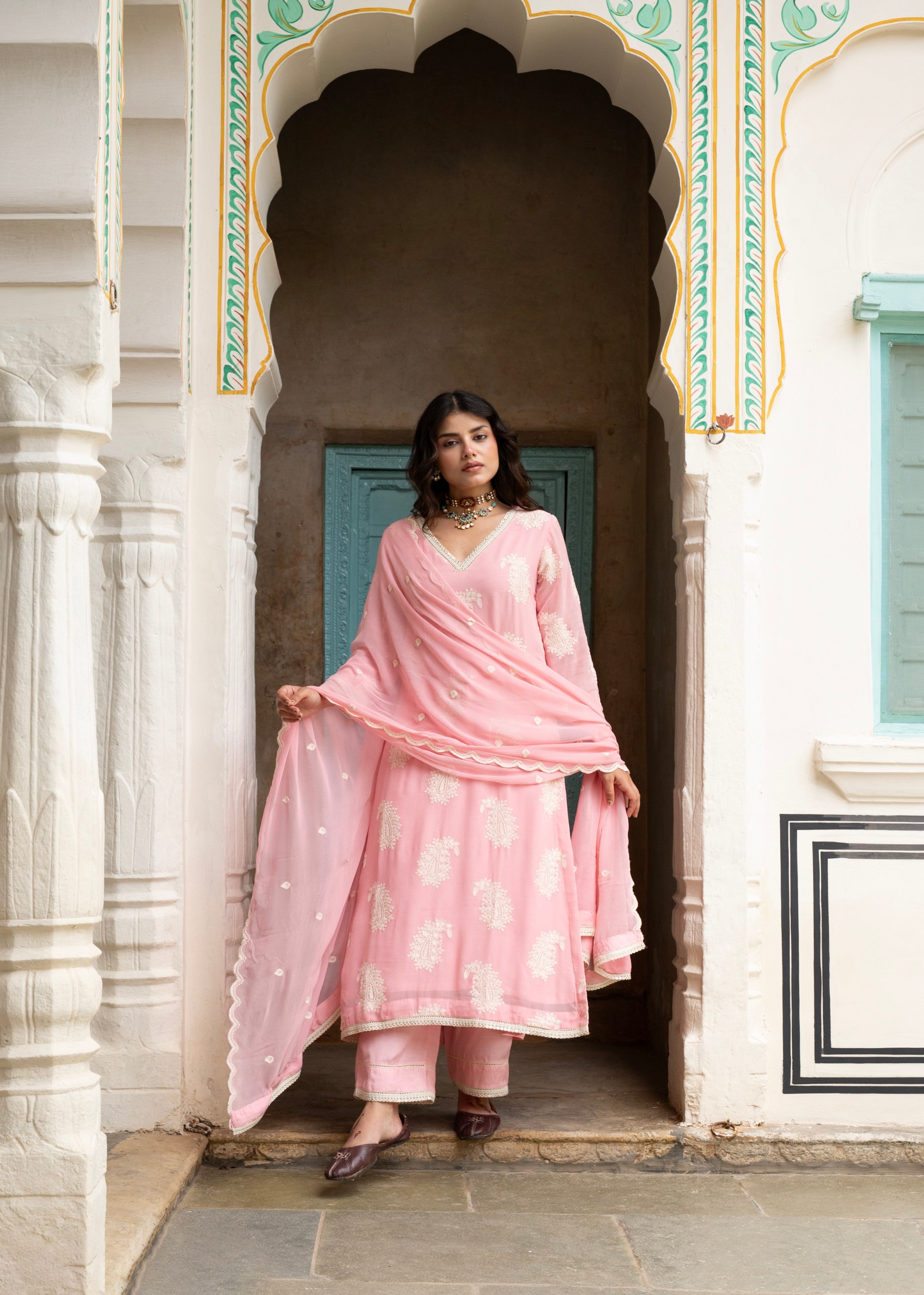 Rose Pink Chikankari Georgette Silk Pant Set