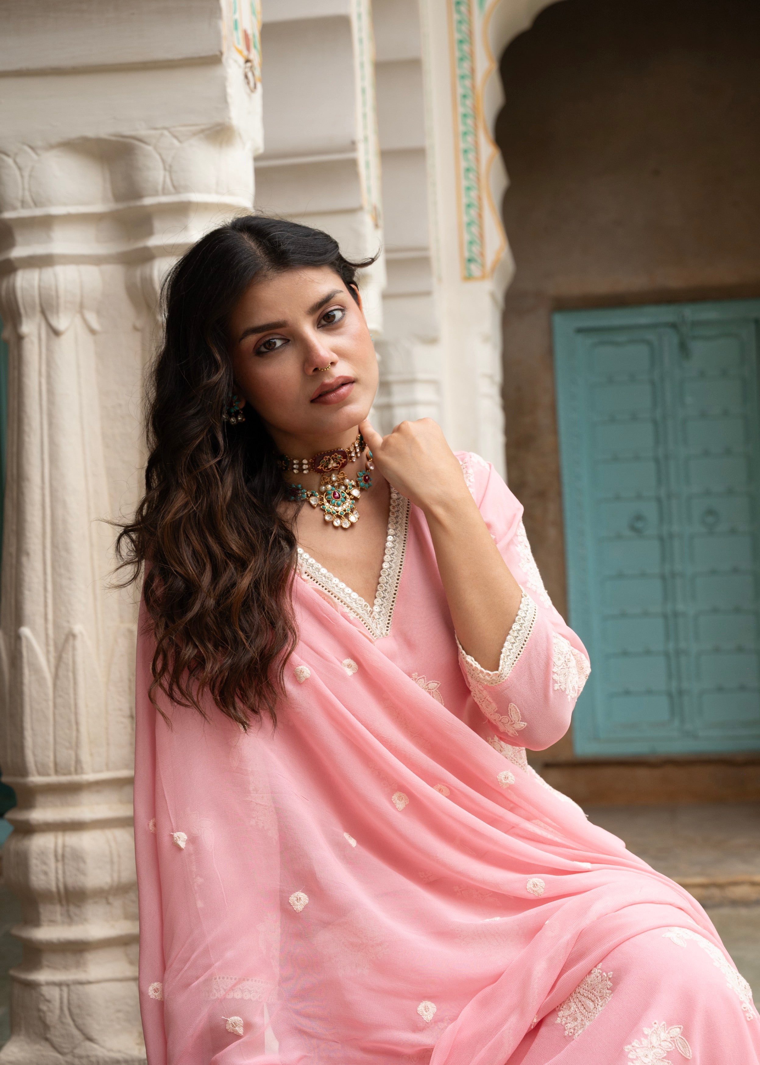 Rose Pink Chikankari Georgette Silk Pant Set