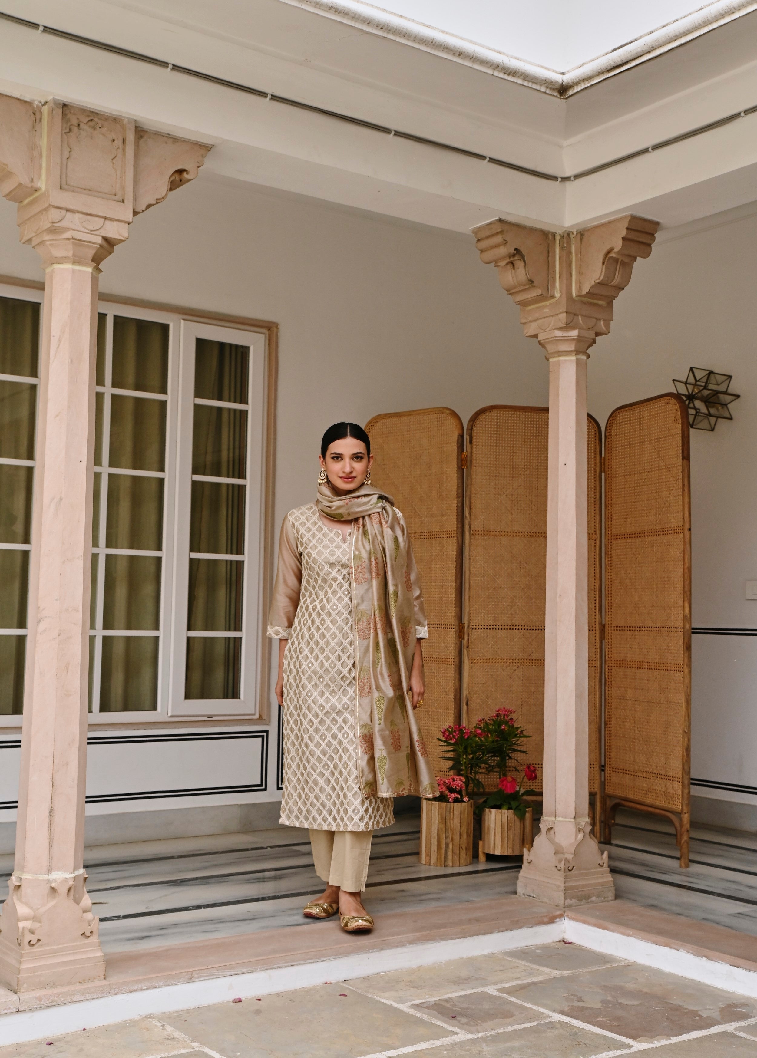 Beige Embroidered Chanderi Silk Pant Set