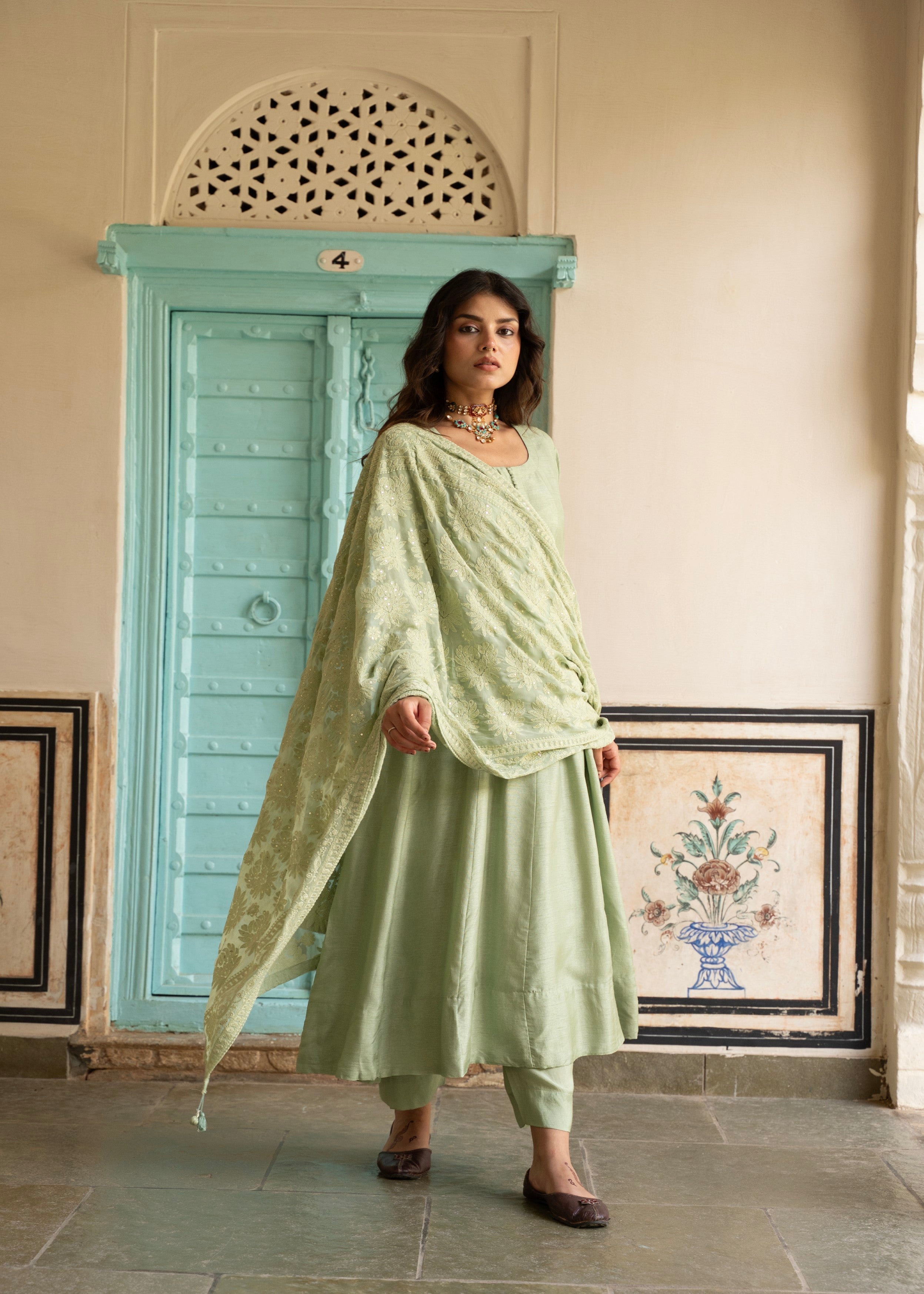 Sage Green Chikankari Dola Silk Anarkali Set