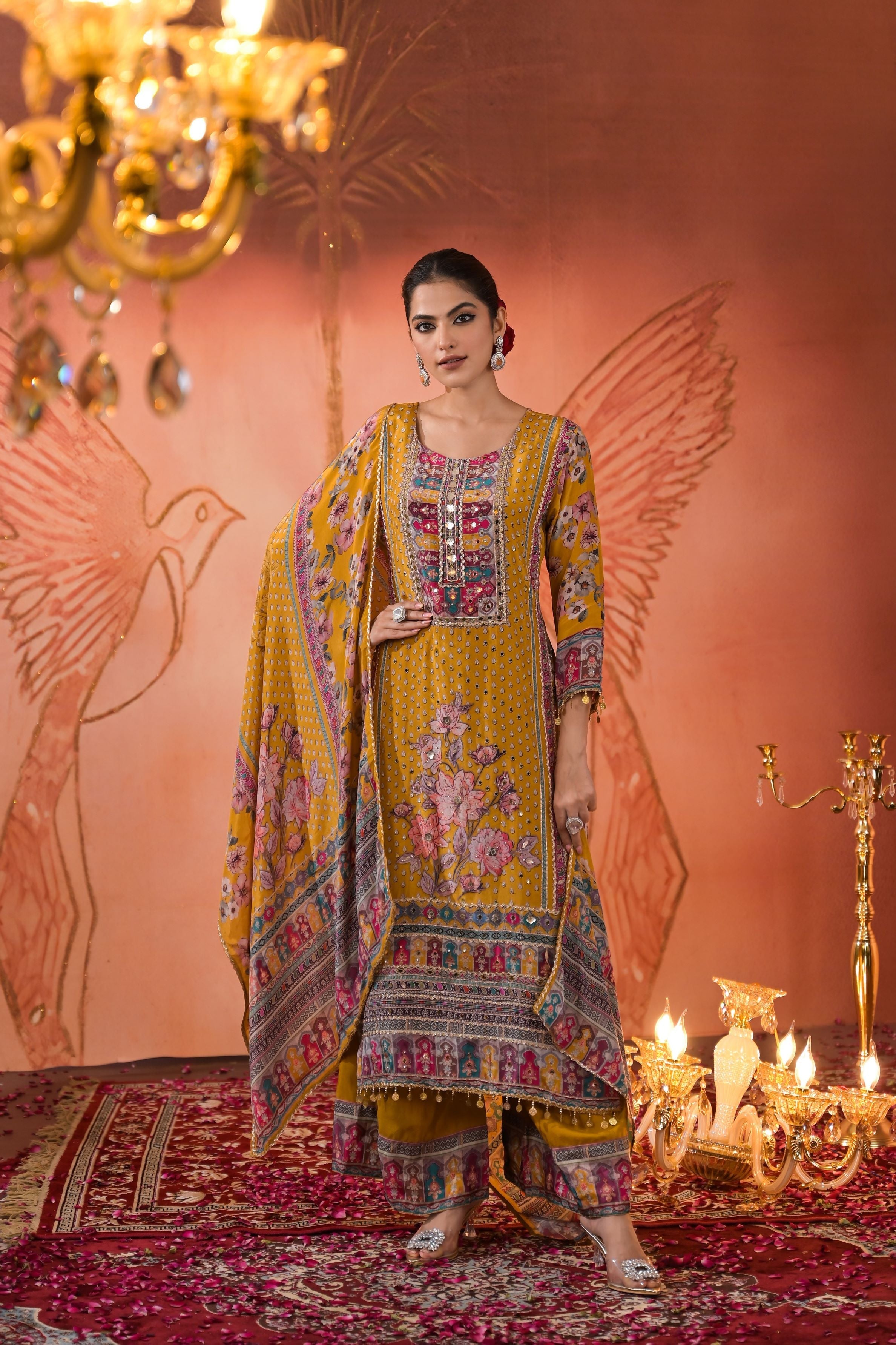 Mustard Ethnic Printed Crepe Silk Palazzo Set