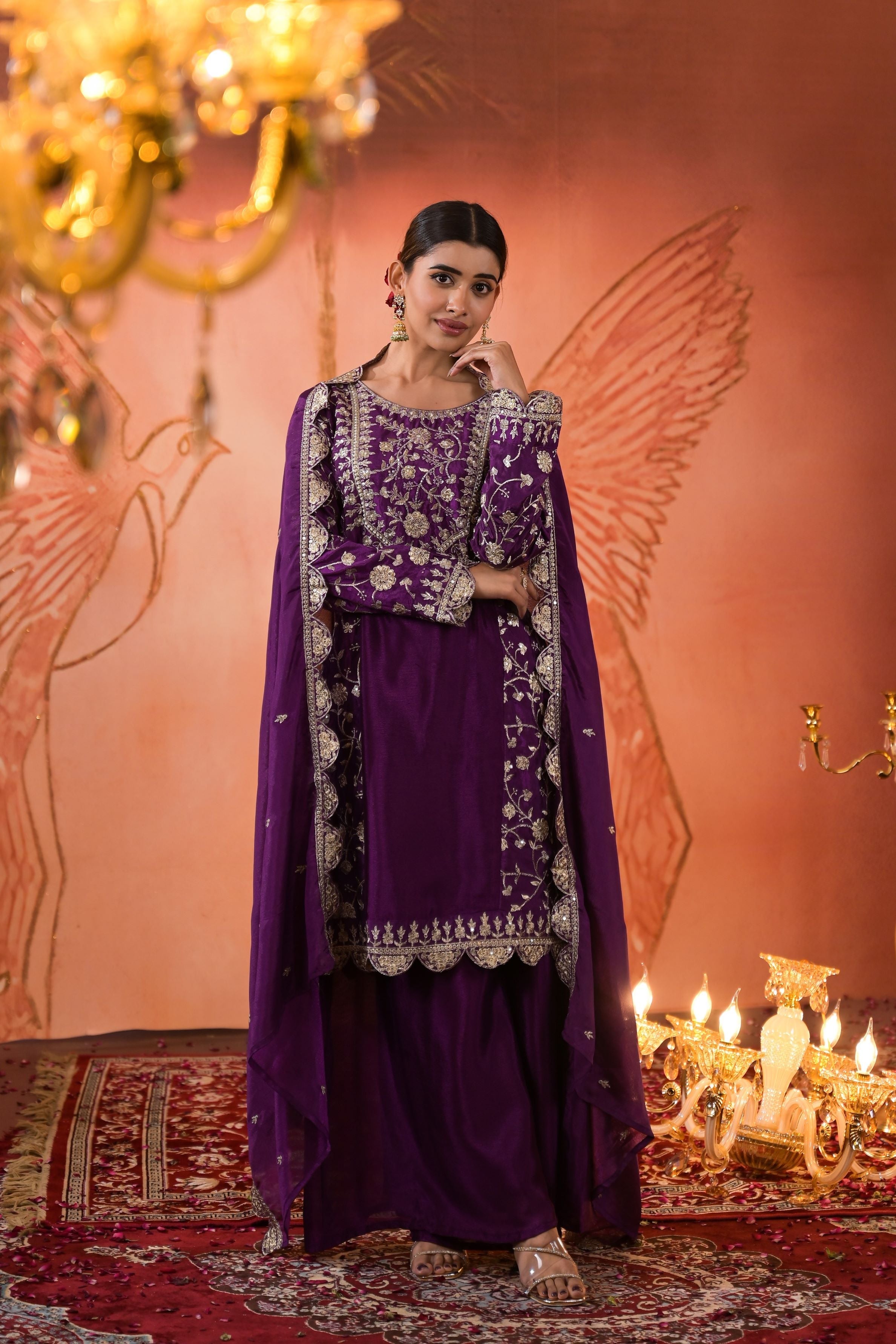 Purple Embellished Palazzo Set