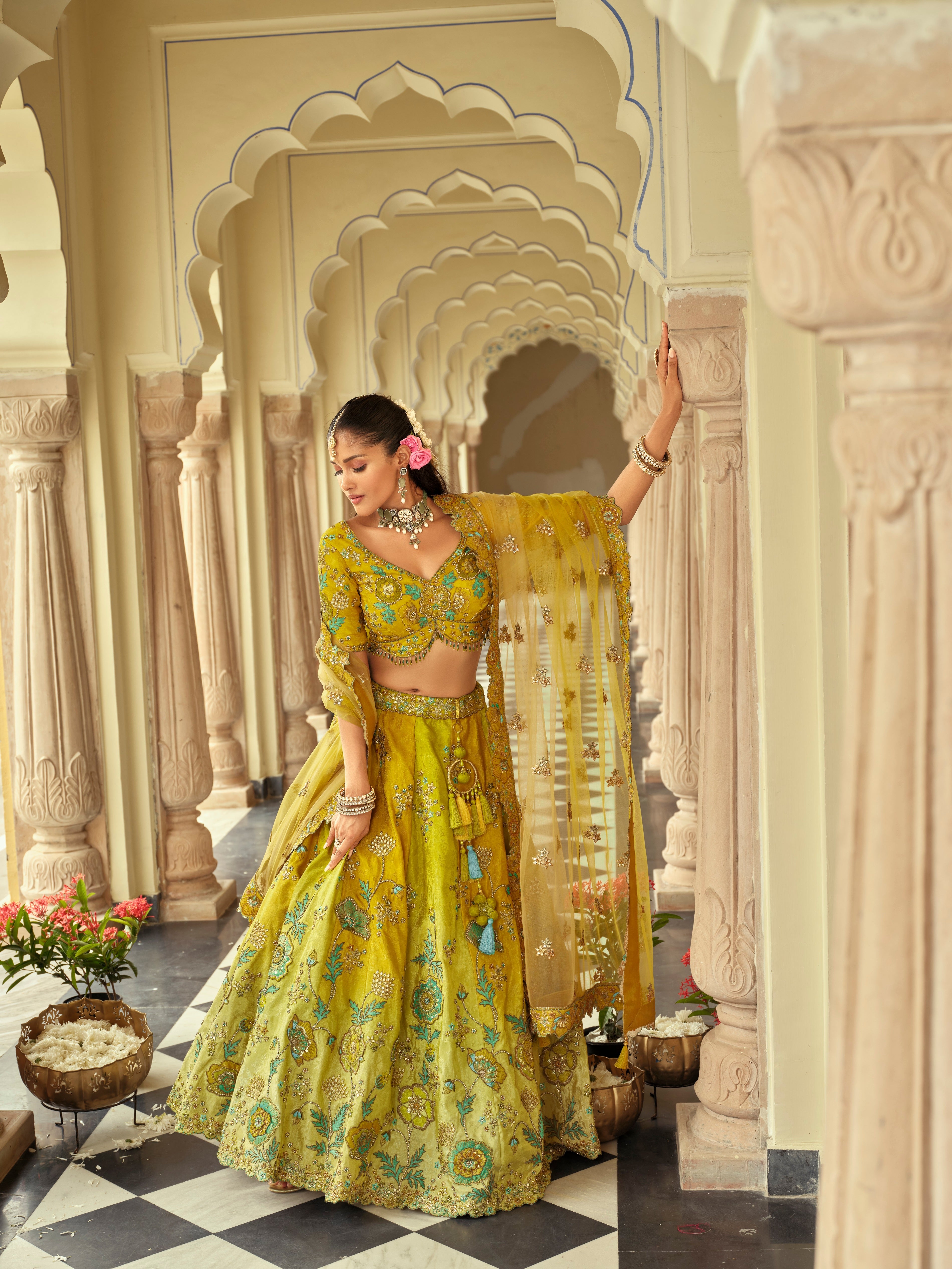 Lime Green Embellished Premium Silk Lehenga Set