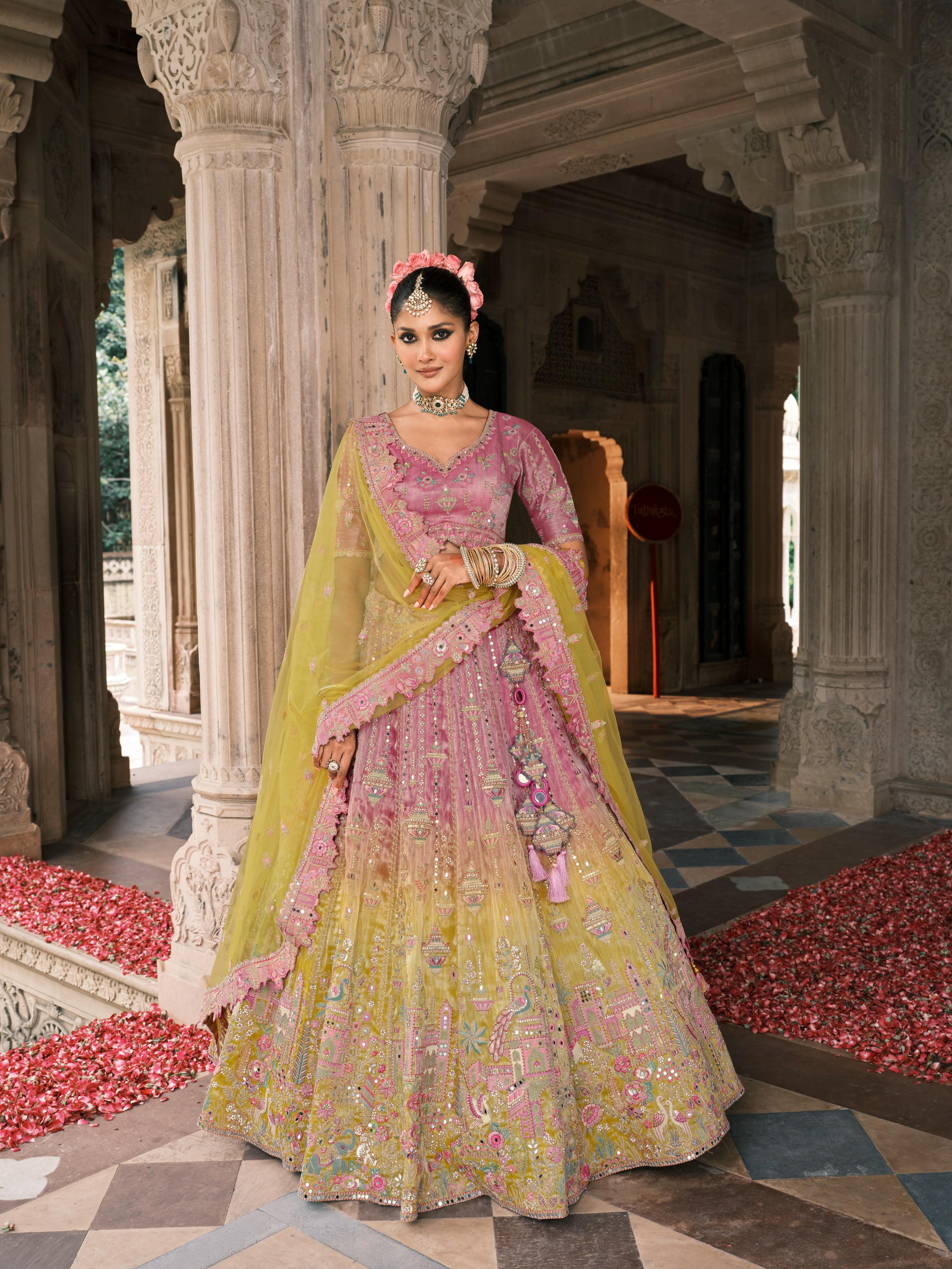 Pink & Lime Shimmer Tissue Silk Embroidered Lehenga Set