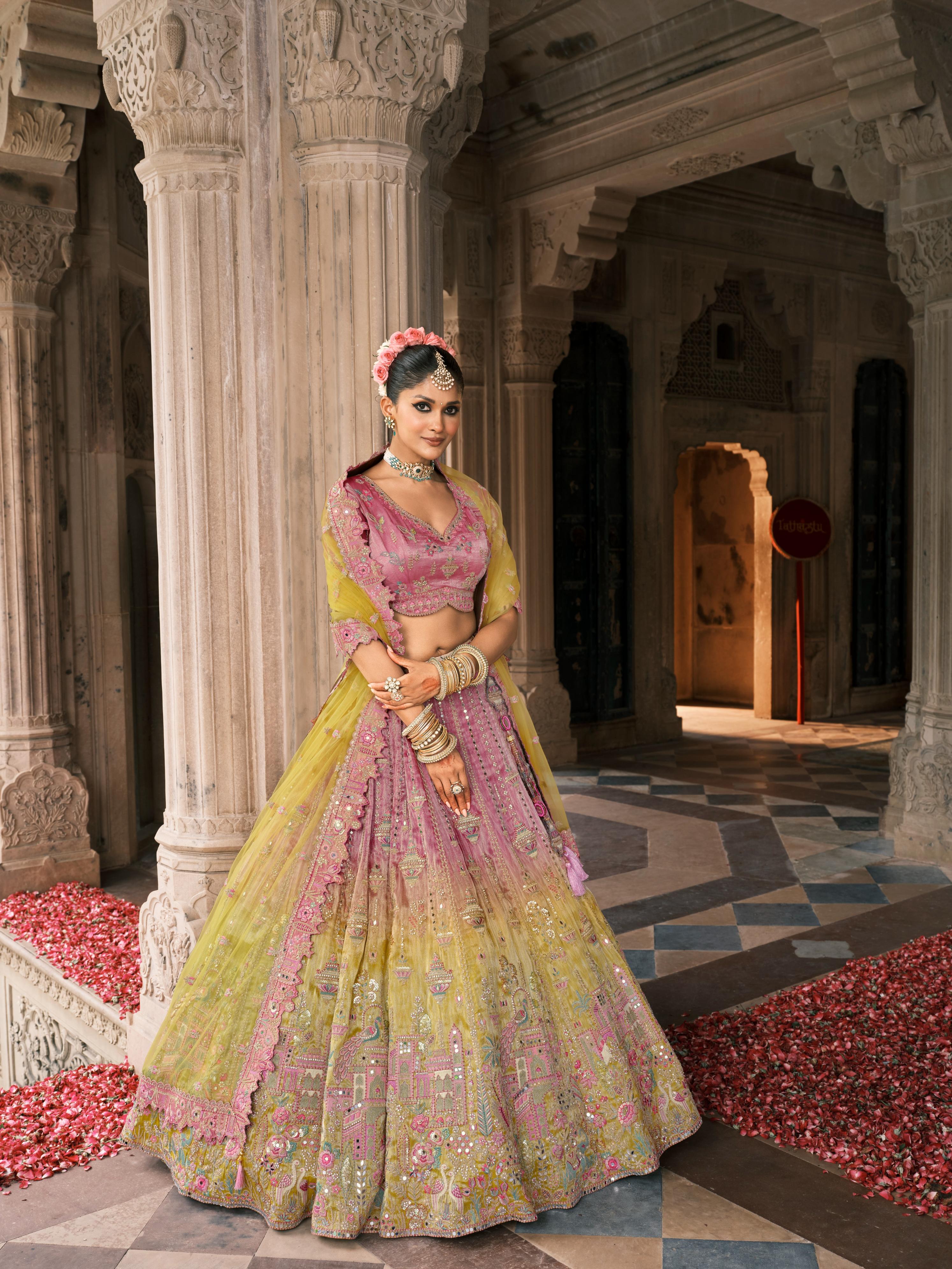 Pink & Lime Shimmer Tissue Silk Embroidered Lehenga Set
