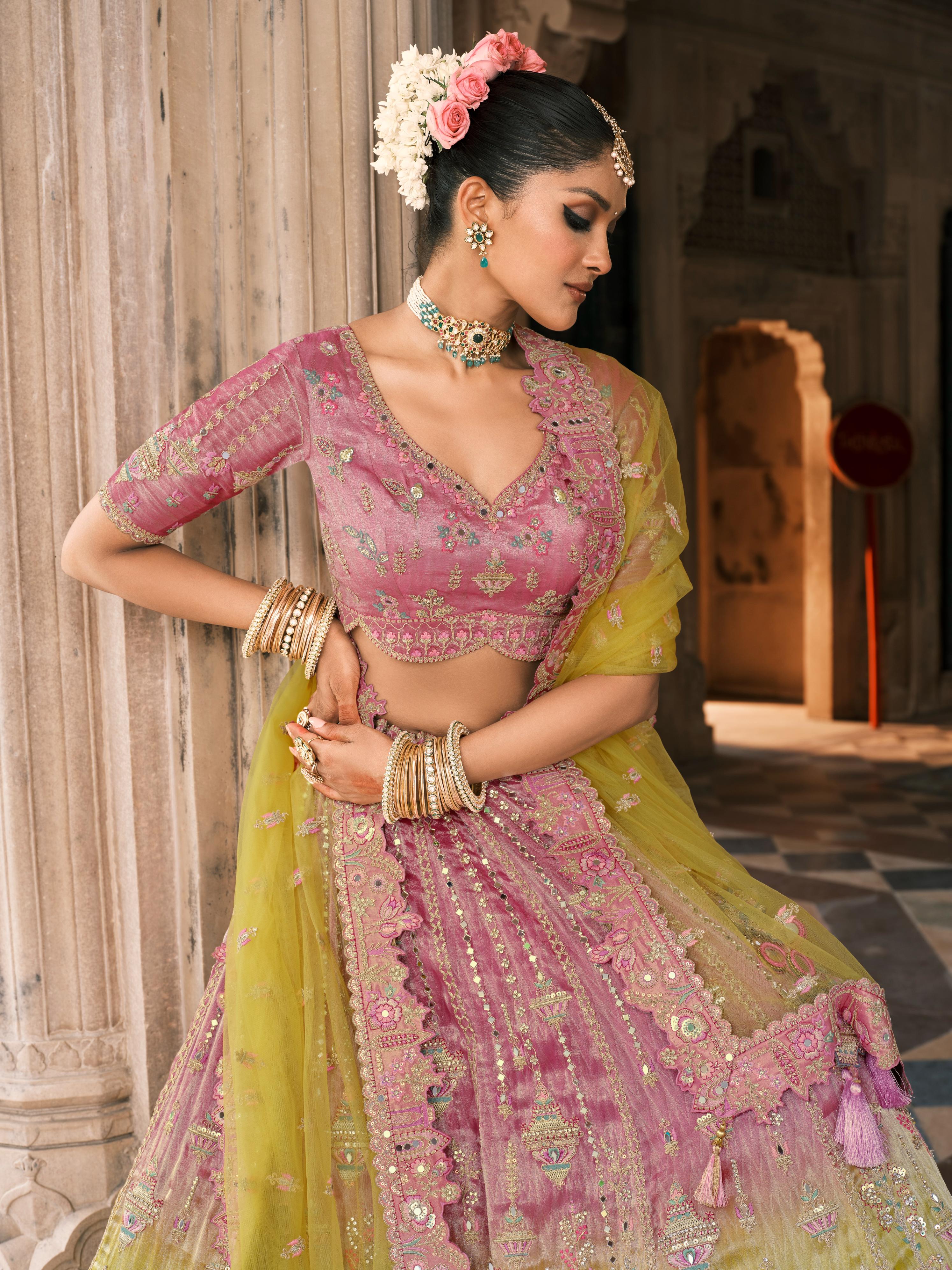 Pink & Lime Shimmer Tissue Silk Embroidered Lehenga Set